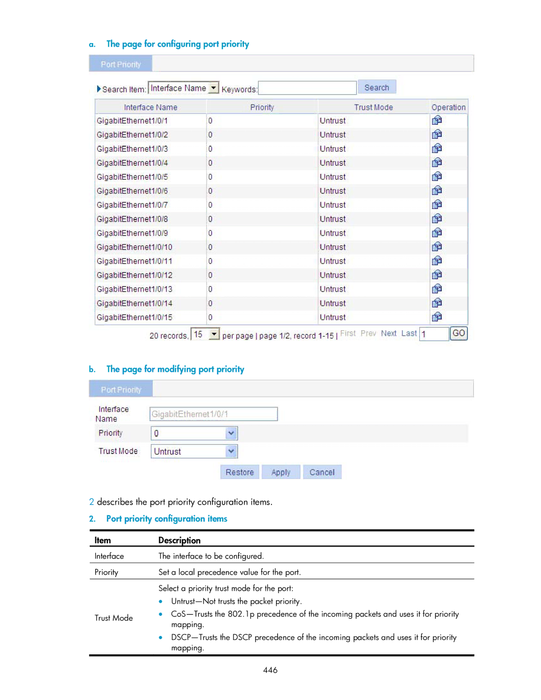 HP V1910 manual For configuring port priority For modifying port priority, Describes the port priority configuration items 