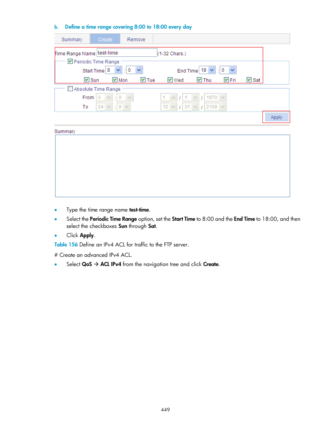 HP V1910 manual Define a time range covering 800 to 1800 every day, 449 