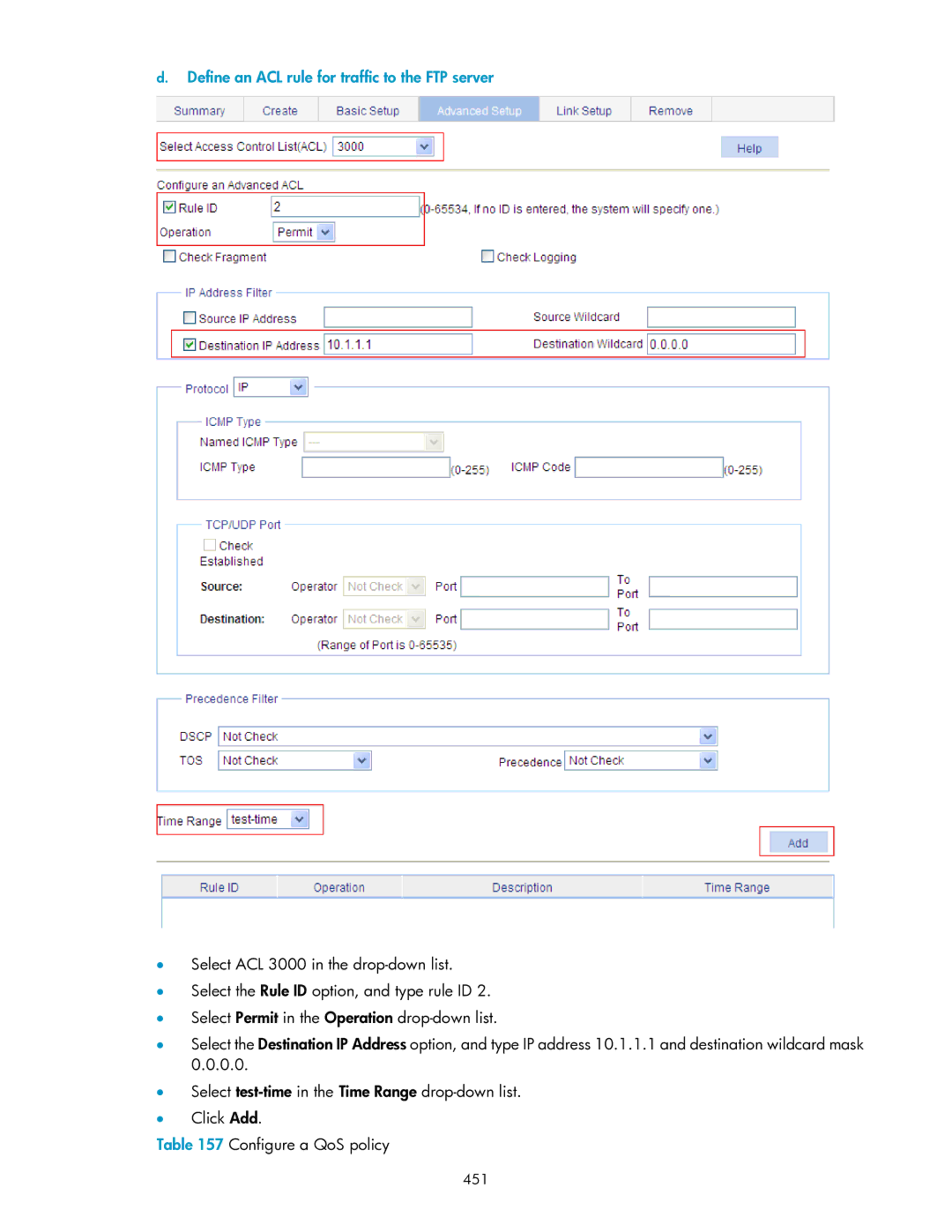 HP V1910 manual Define an ACL rule for traffic to the FTP server, 451 