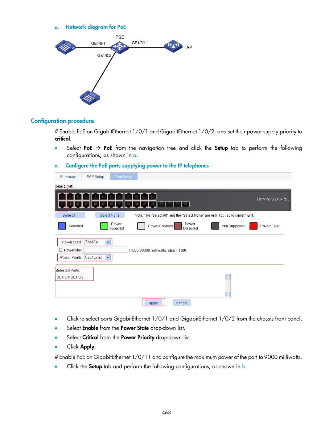 HP V1910 manual Network diagram for PoE, 463 