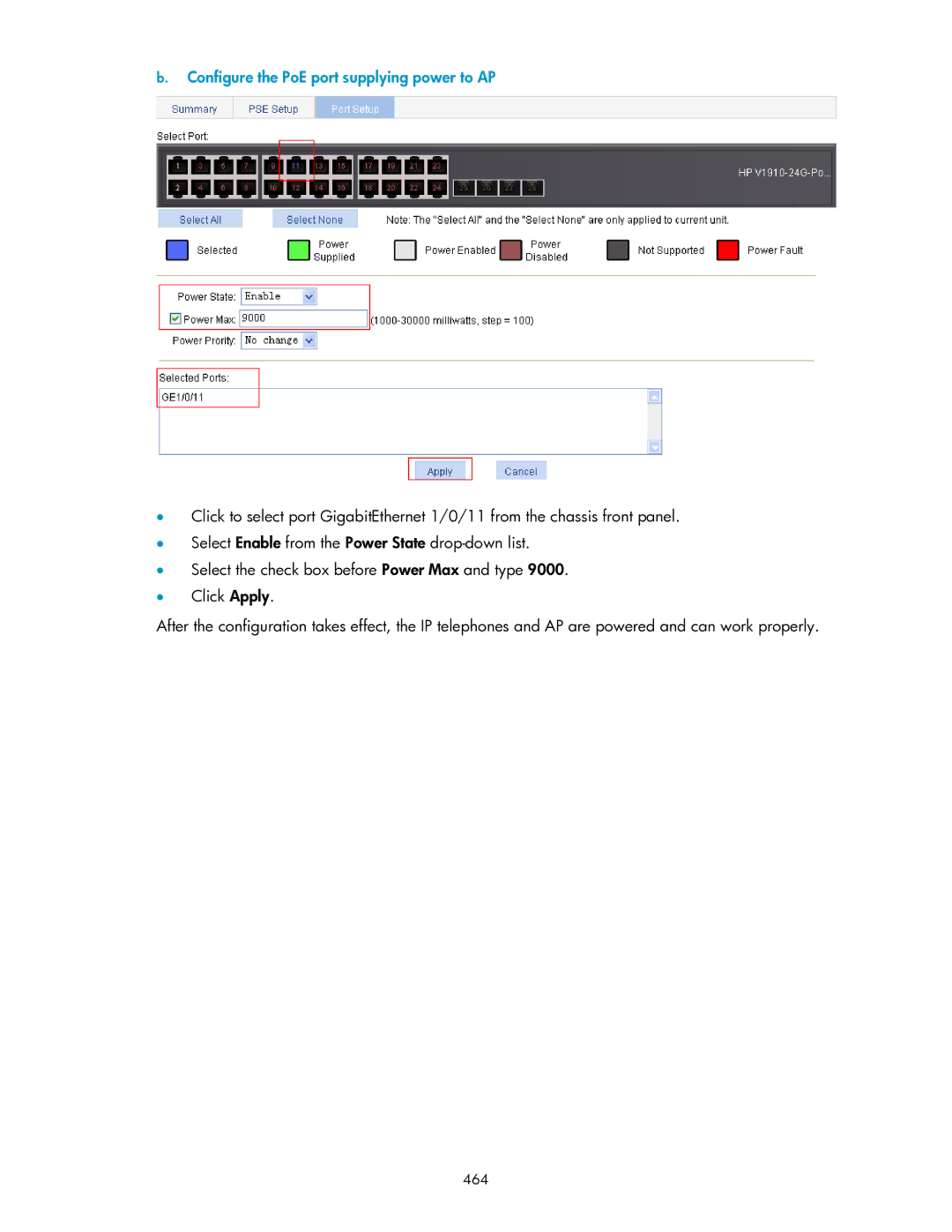 HP V1910 manual Configure the PoE port supplying power to AP, 464 