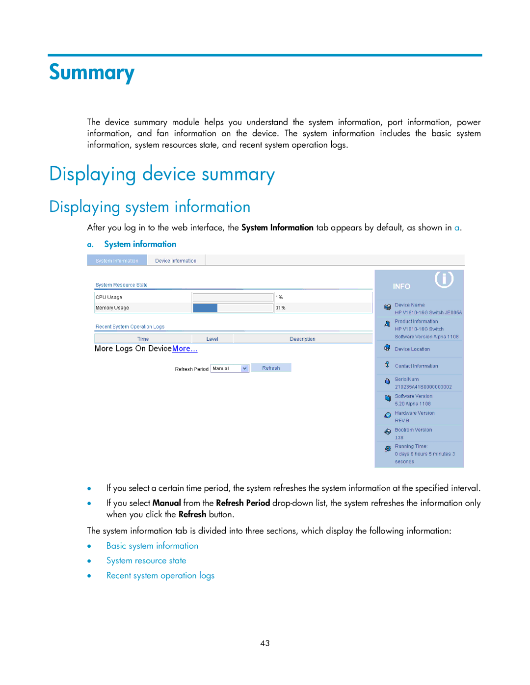 HP V1910 manual Summary, Displaying device summary, Displaying system information, System information 