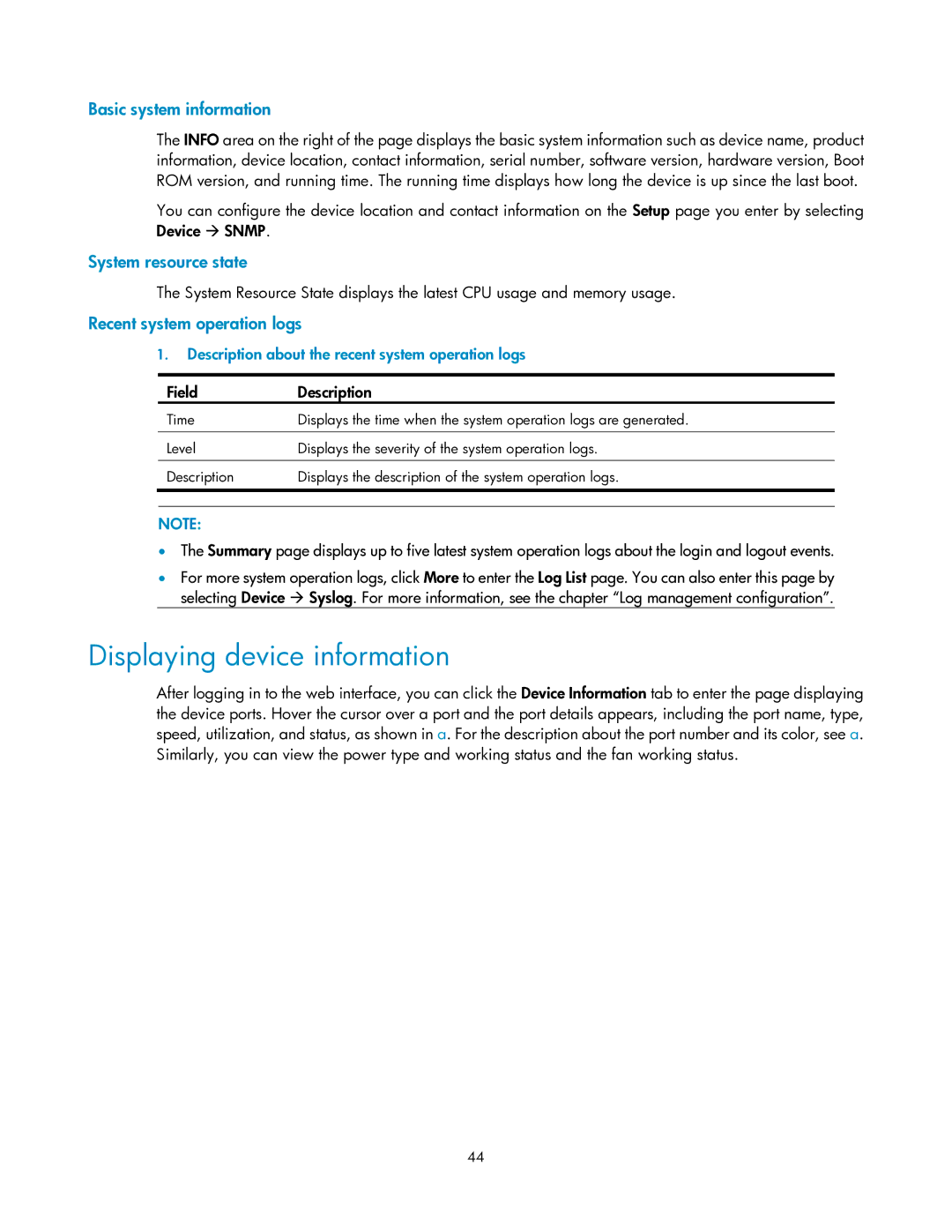 HP V1910 Displaying device information, Basic system information, System resource state, Recent system operation logs 