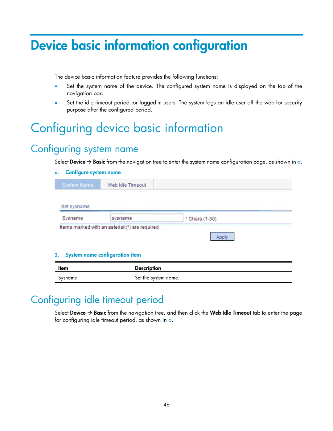 HP V1910 manual Device basic information configuration, Configuring device basic information, Configuring system name 