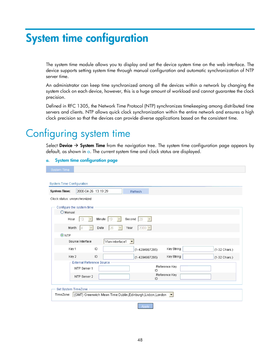 HP V1910 manual System time configuration, Configuring system time 