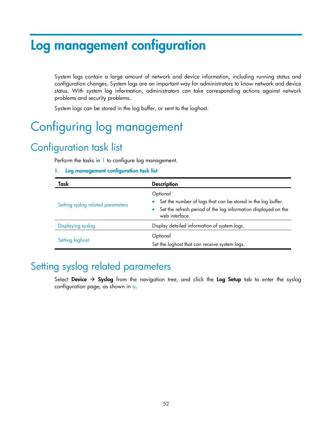 HP V1910 manual Log management configuration, Configuring log management, Configuration task list 