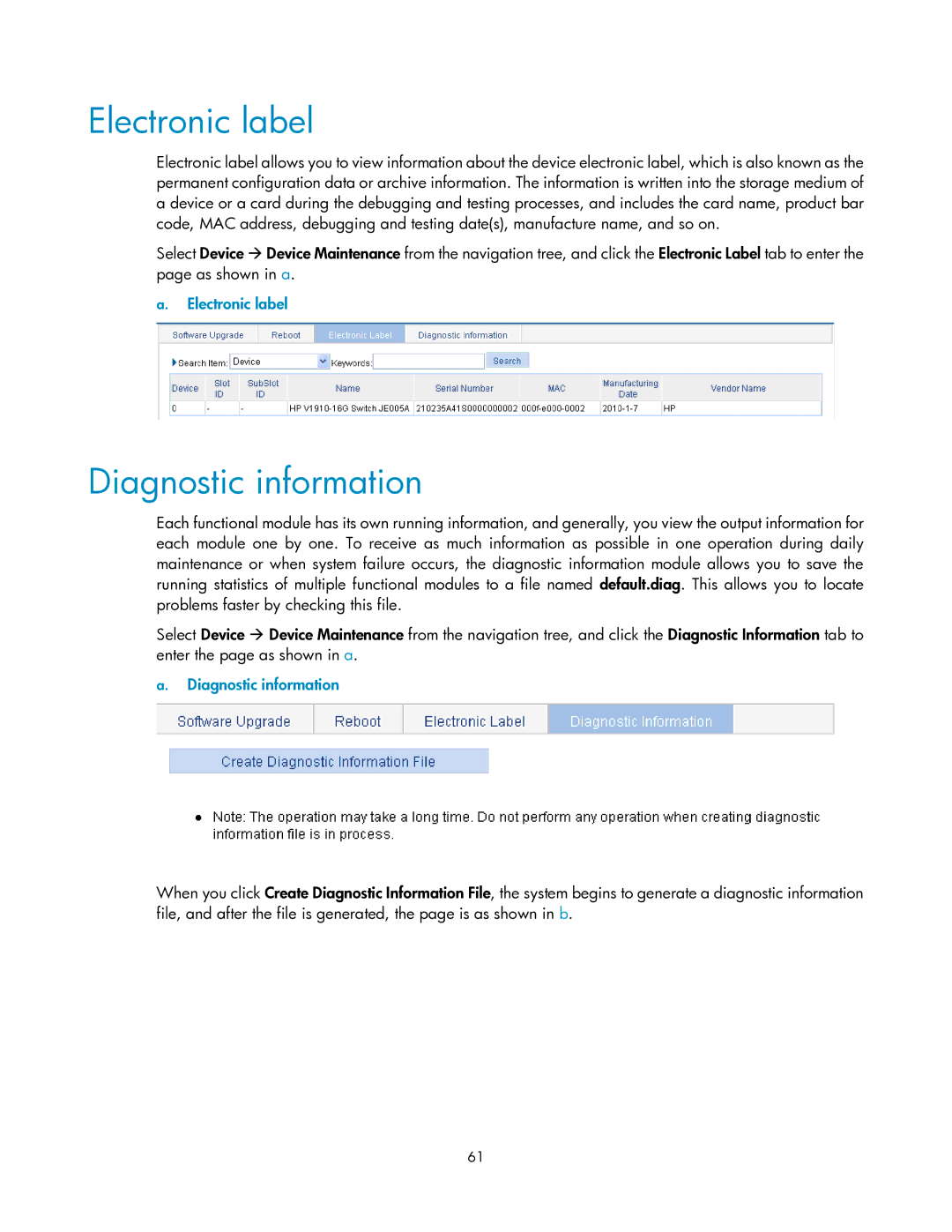 HP V1910 manual Electronic label, Diagnostic information 