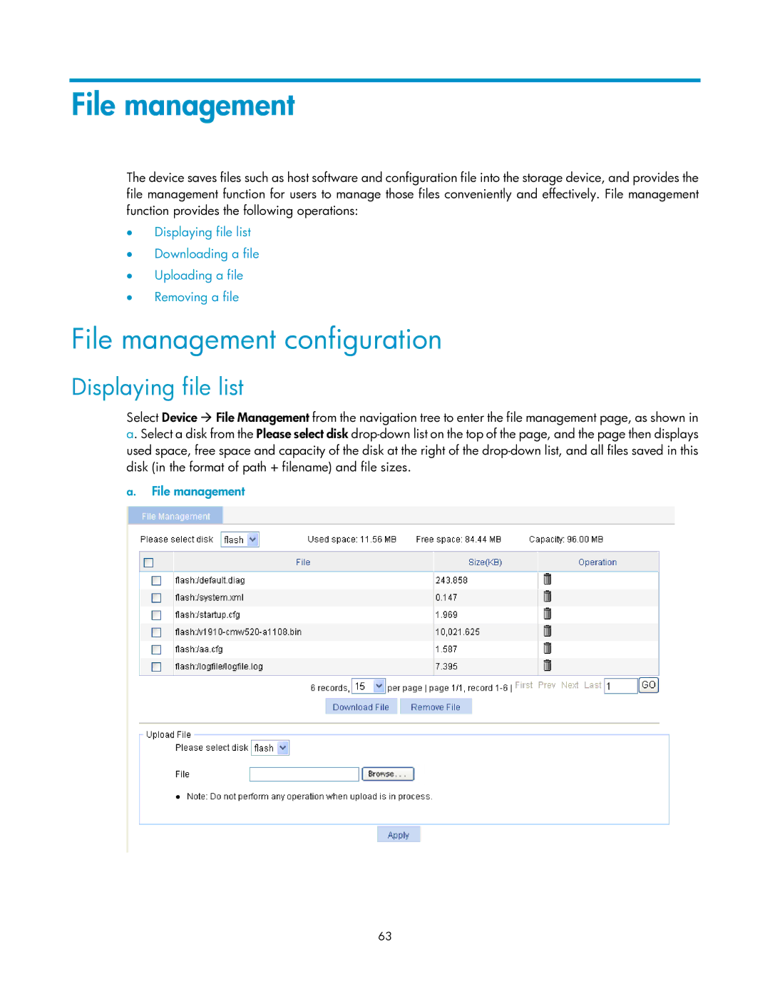 HP V1910 manual File management configuration, Displaying file list 