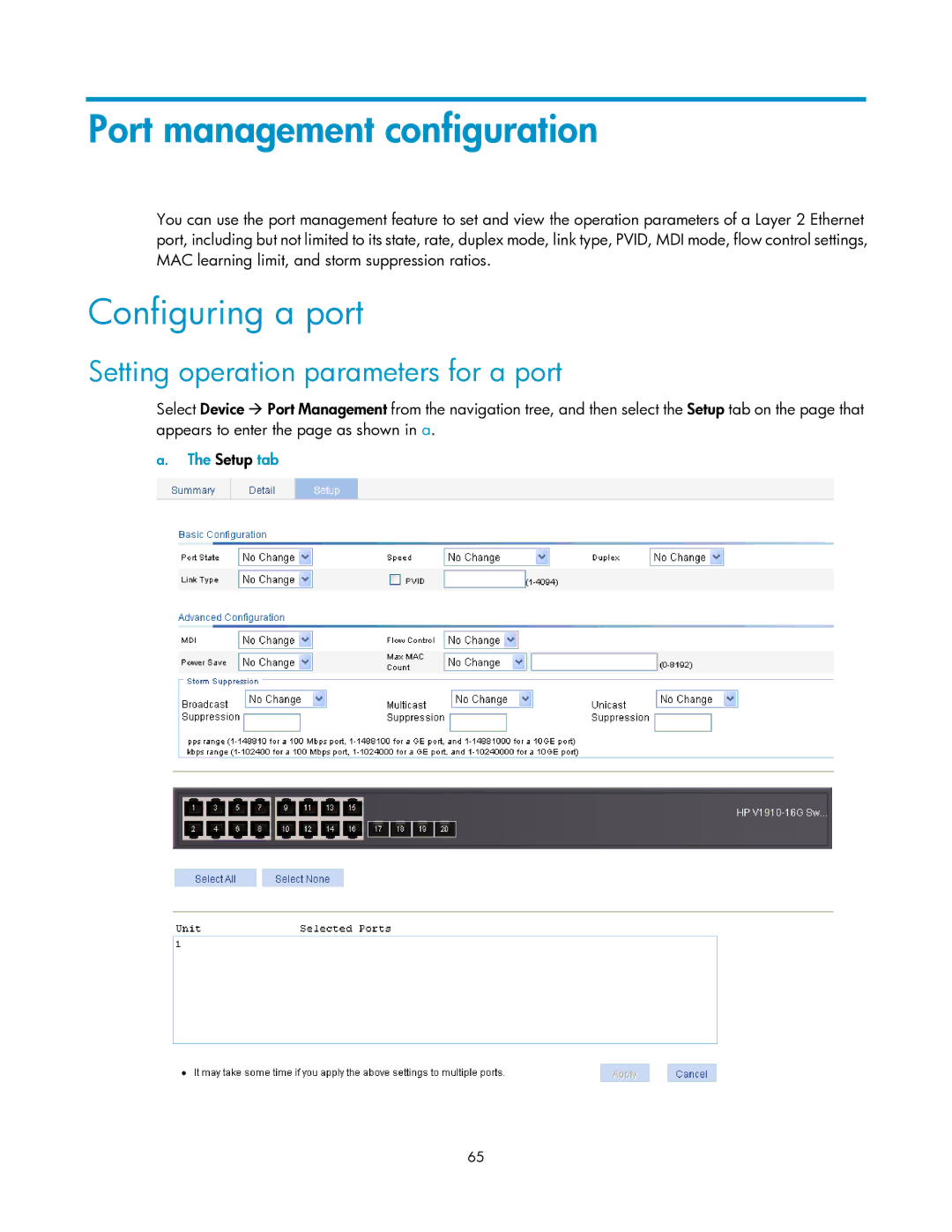 HP V1910 manual Port management configuration, Configuring a port, Setting operation parameters for a port, Setup tab 