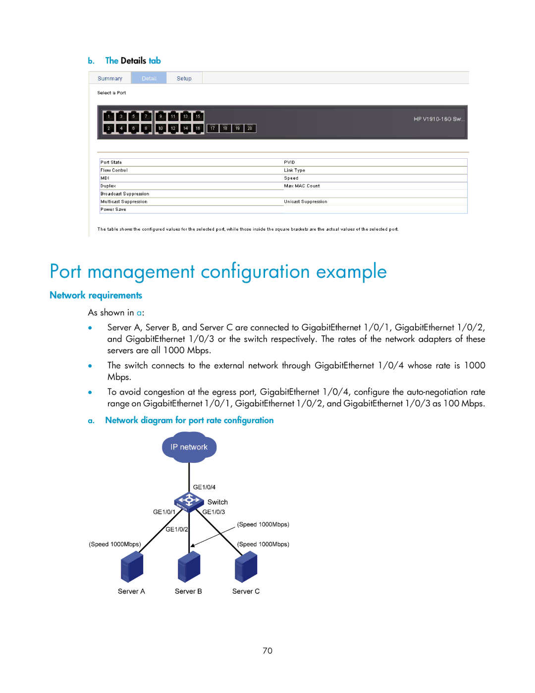 HP V1910 manual Port management configuration example, Details tab, Network diagram for port rate configuration 