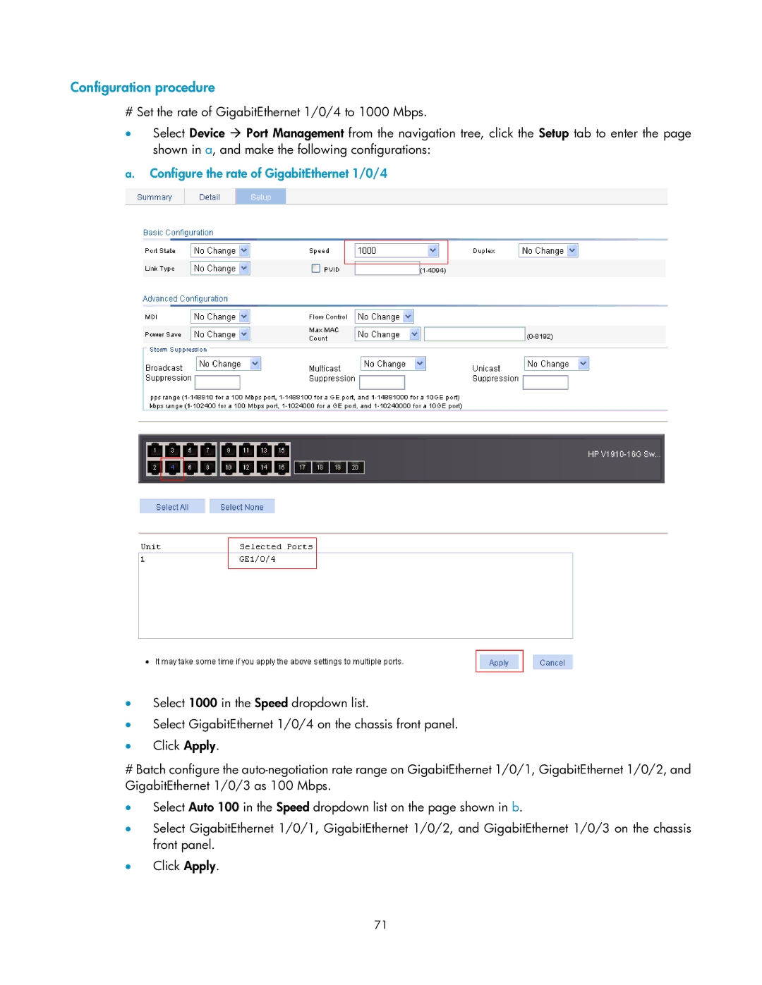 HP V1910 manual Configuration procedure, Configure the rate of GigabitEthernet 1/0/4 