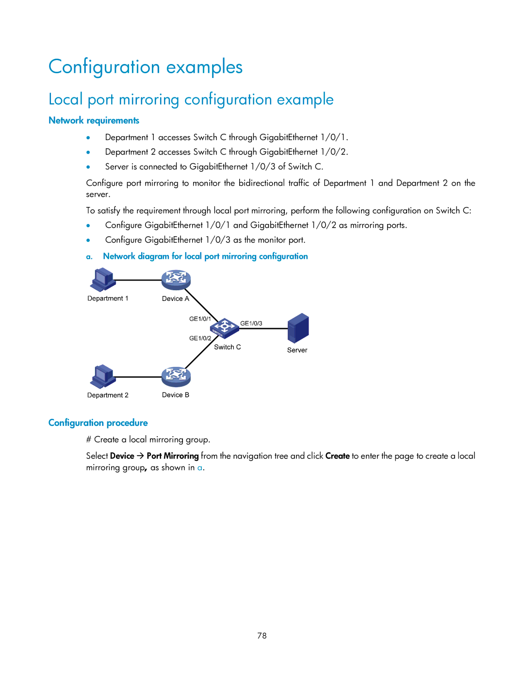 HP V1910 manual Configuration examples, Local port mirroring configuration example 