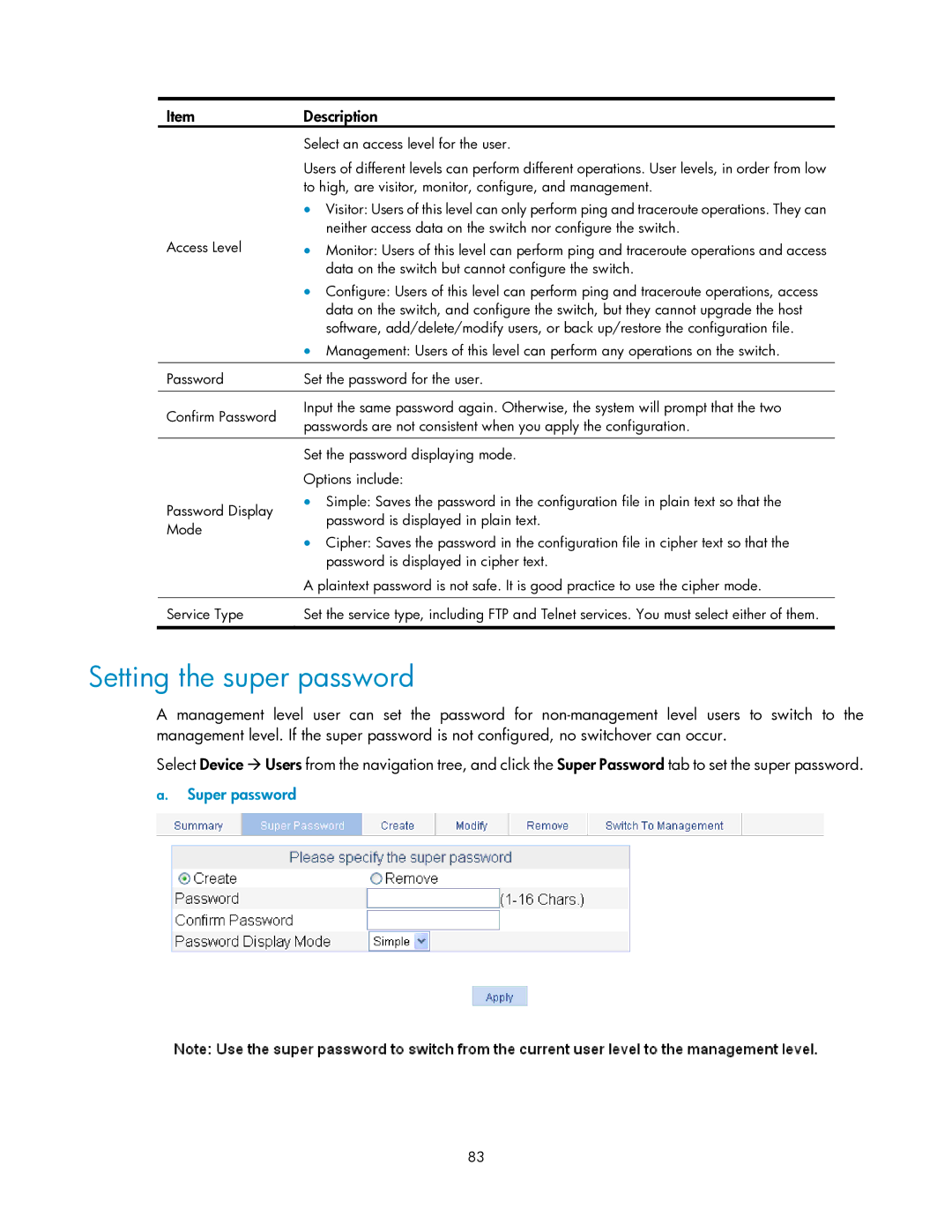 HP V1910 manual Setting the super password, Super password 