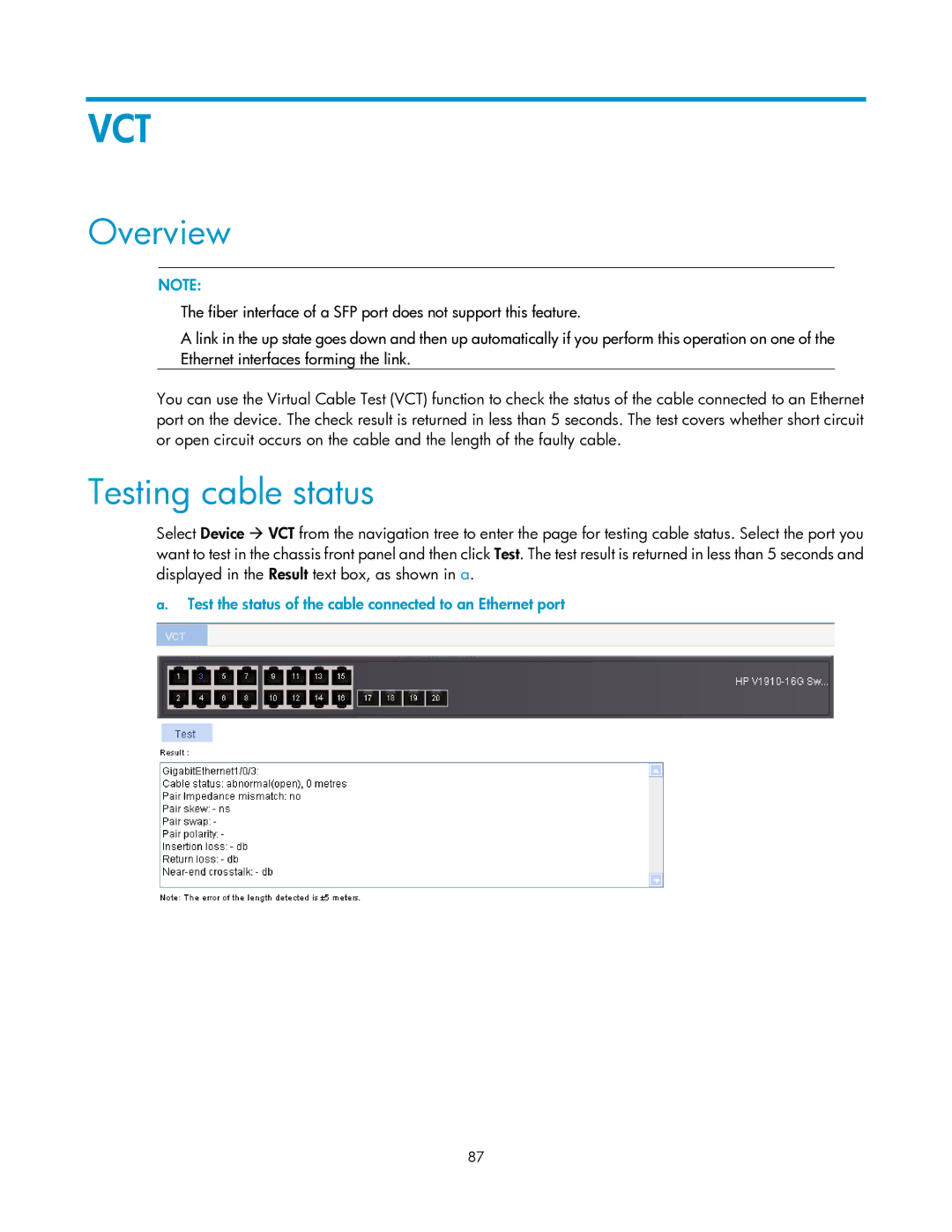 HP V1910 manual Testing cable status, Test the status of the cable connected to an Ethernet port 