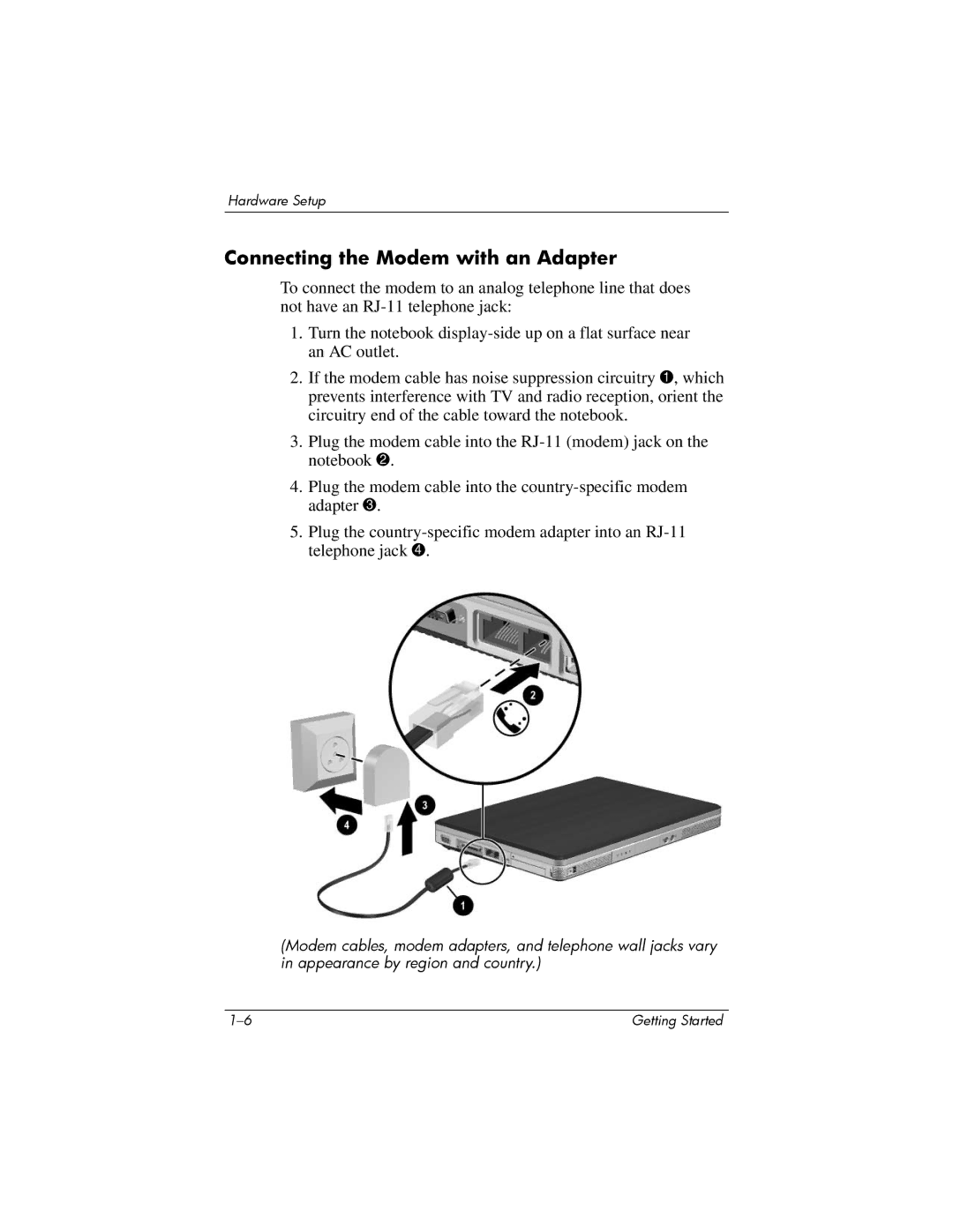 HP V2027AP, V2042AP, V2046AP, V2069CL, V2044AP, V2037AP, V2034AP, V2038AP, V2030US, V2031AP Connecting the Modem with an Adapter 