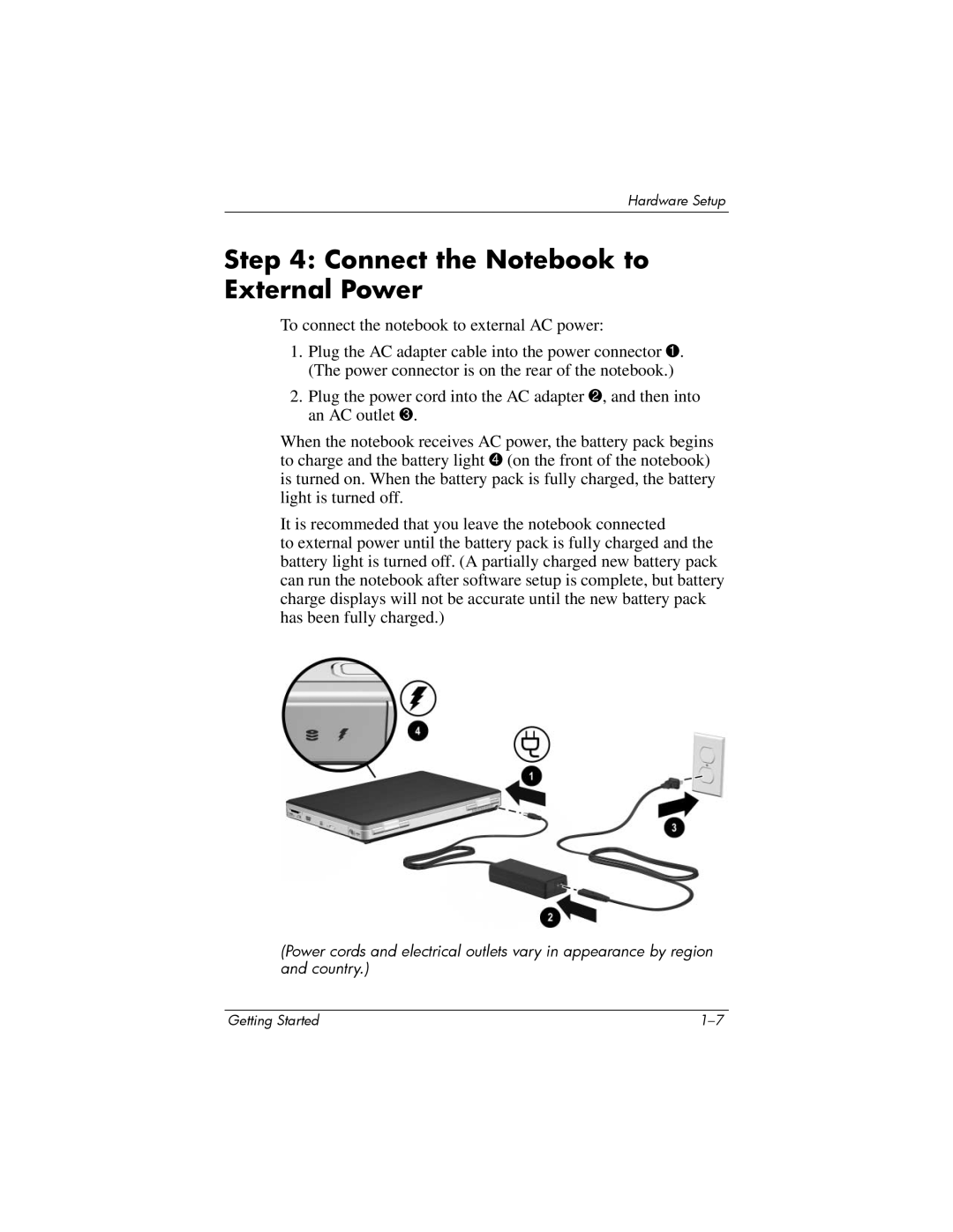 HP V2024AP, V2042AP, V2046AP, V2069CL, V2044AP, V2037AP, V2034AP, V2038AP, V2030US, V2031AP Connect the Notebook to External Power 