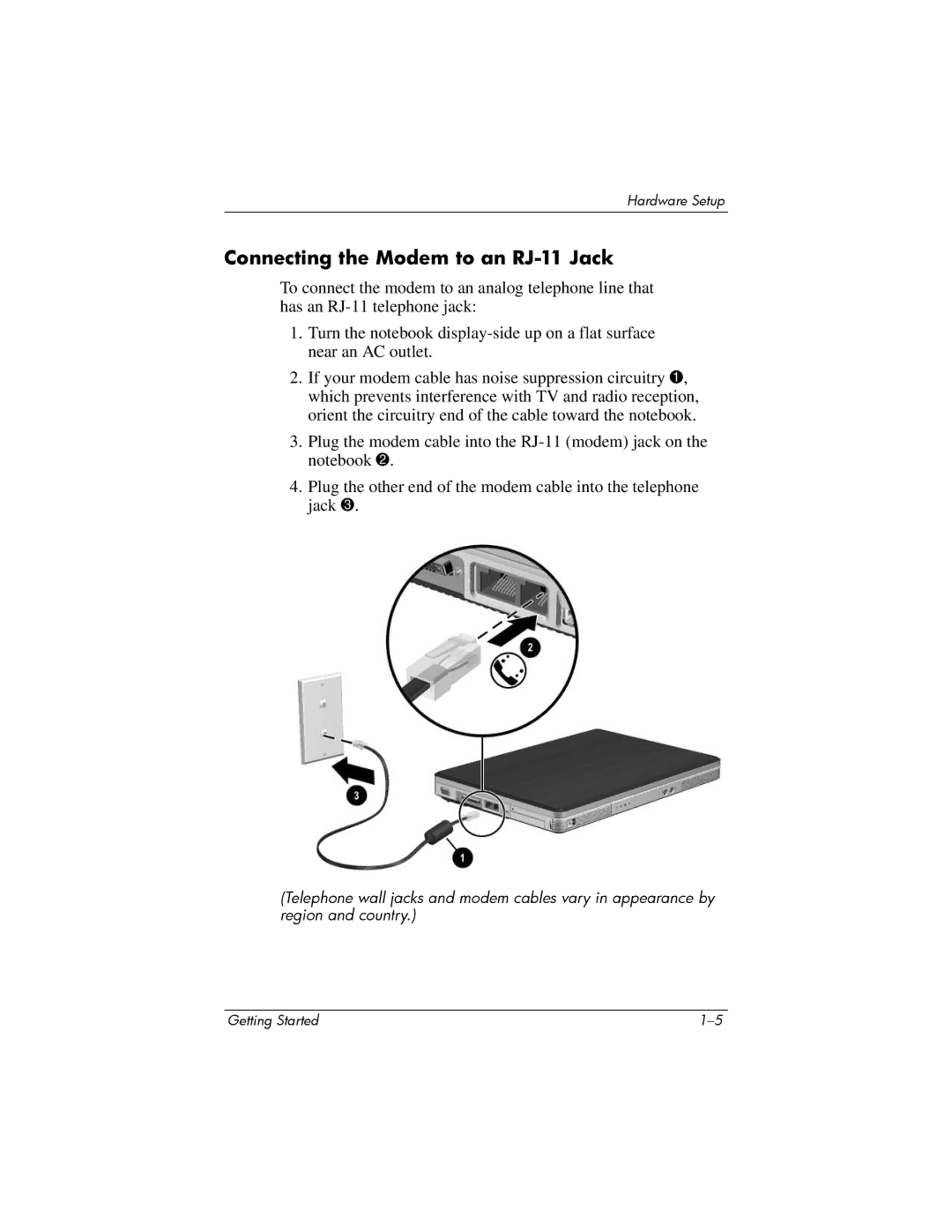 HP V2025AP, V2042AP, V2046AP, V2069CL, V2044AP, V2037AP, V2034AP, V2038AP, V2030US, V2031AP Connecting the Modem to an RJ-11 Jack 