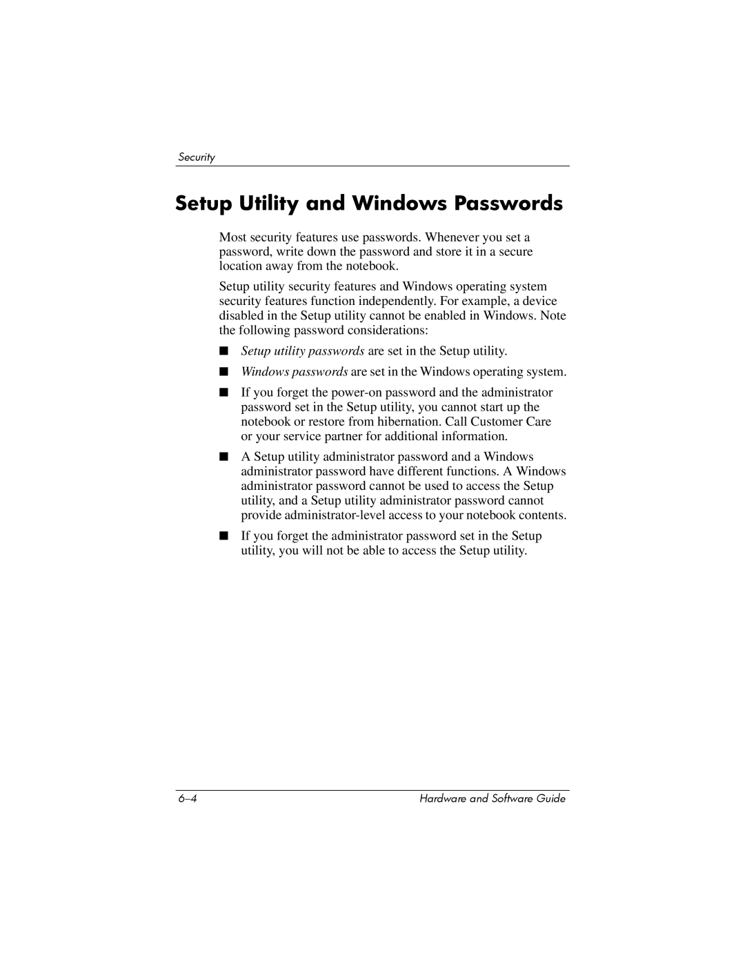 HP V2043AP, V2110US, V2107AP, V2105AP, V2100, V2042AP, V2045AP, V2046AP, V2069CL, V2044AP manual Setup Utility and Windows Passwords 