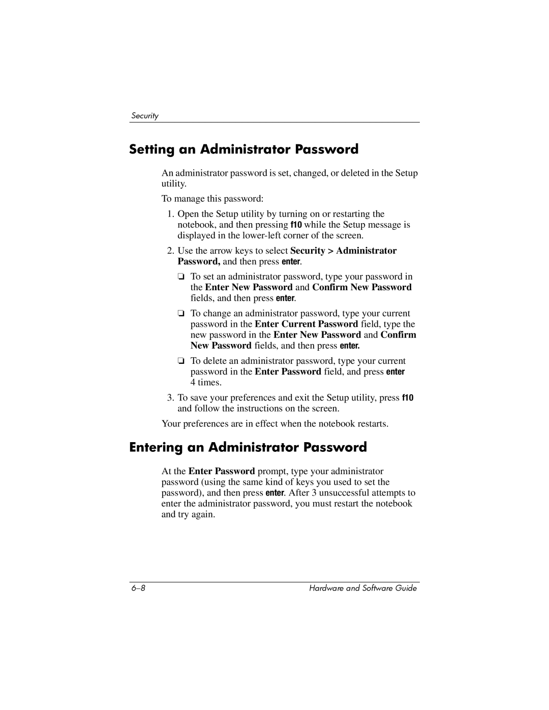 HP V2034AP, V2110US, V2107AP, V2105AP, V2100, V2042AP Setting an Administrator Password, Entering an Administrator Password 