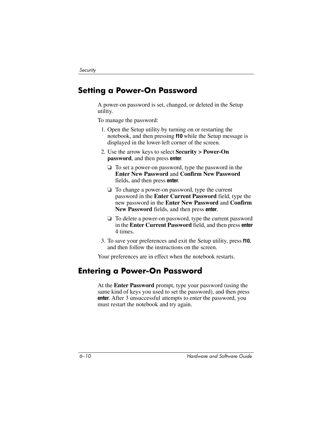 HP V2038AP, V2110US, V2107AP, V2105AP, V2100, V2042AP, V2045AP, V2300 Setting a Power-On Password, Entering a Power-On Password 