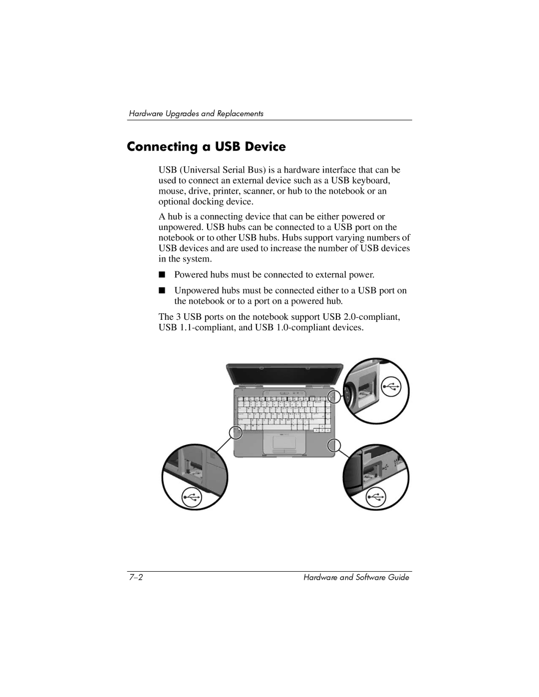 HP V2027AP, V2110US, V2107AP, V2105AP, V2100, V2042AP, V2045AP, V2043AP, V2046AP, V2069CL, V2044AP, V2034AP Connecting a USB Device 