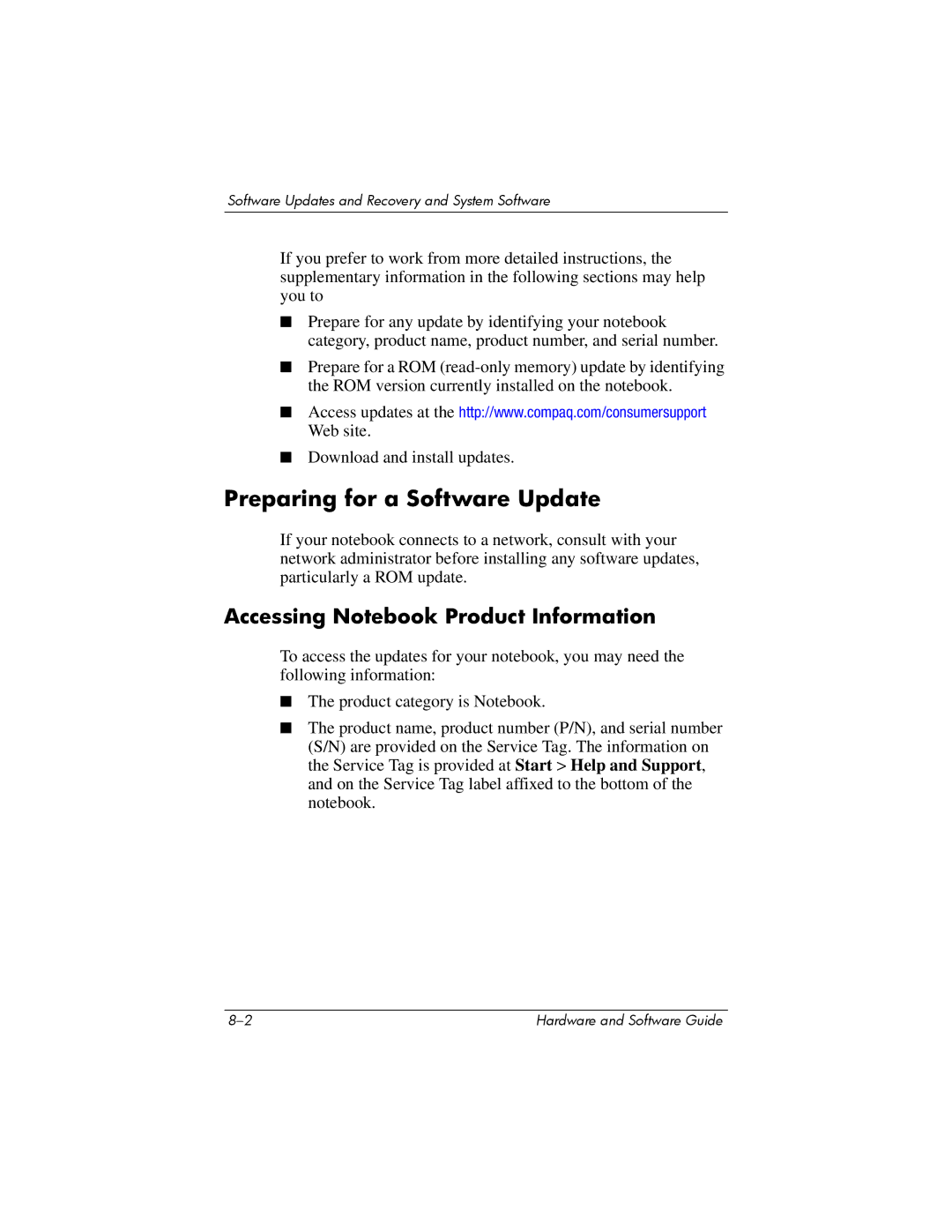 HP V2148AP, V2110US, V2107AP, V2105AP, V2100, V2042AP Preparing for a Software Update, Accessing Notebook Product Information 