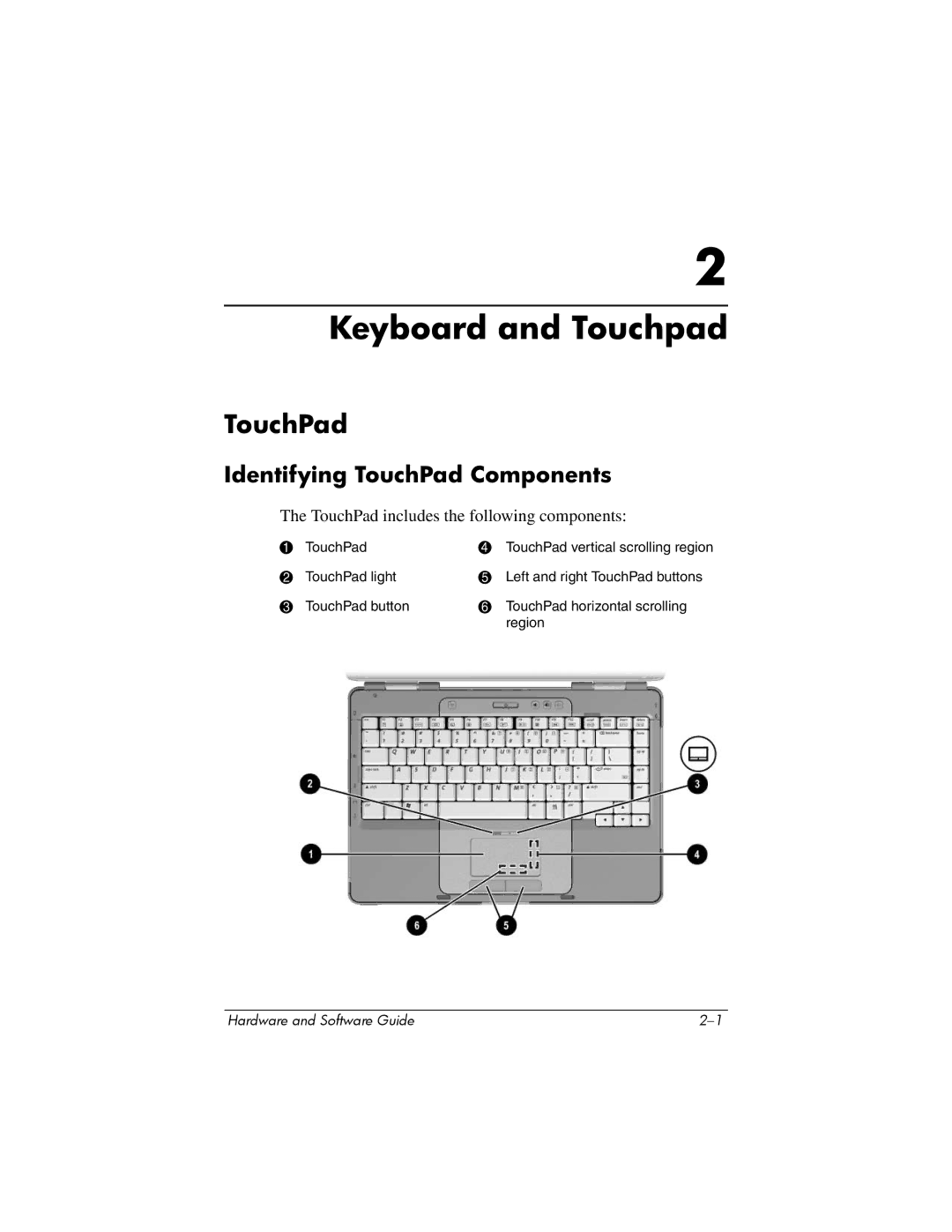 HP V2208CL, V2110US, V2107AP, V2105AP, V2100, V2042AP, V2045AP, V2043AP, V2046AP, V2069CL manual Identifying TouchPad Components 