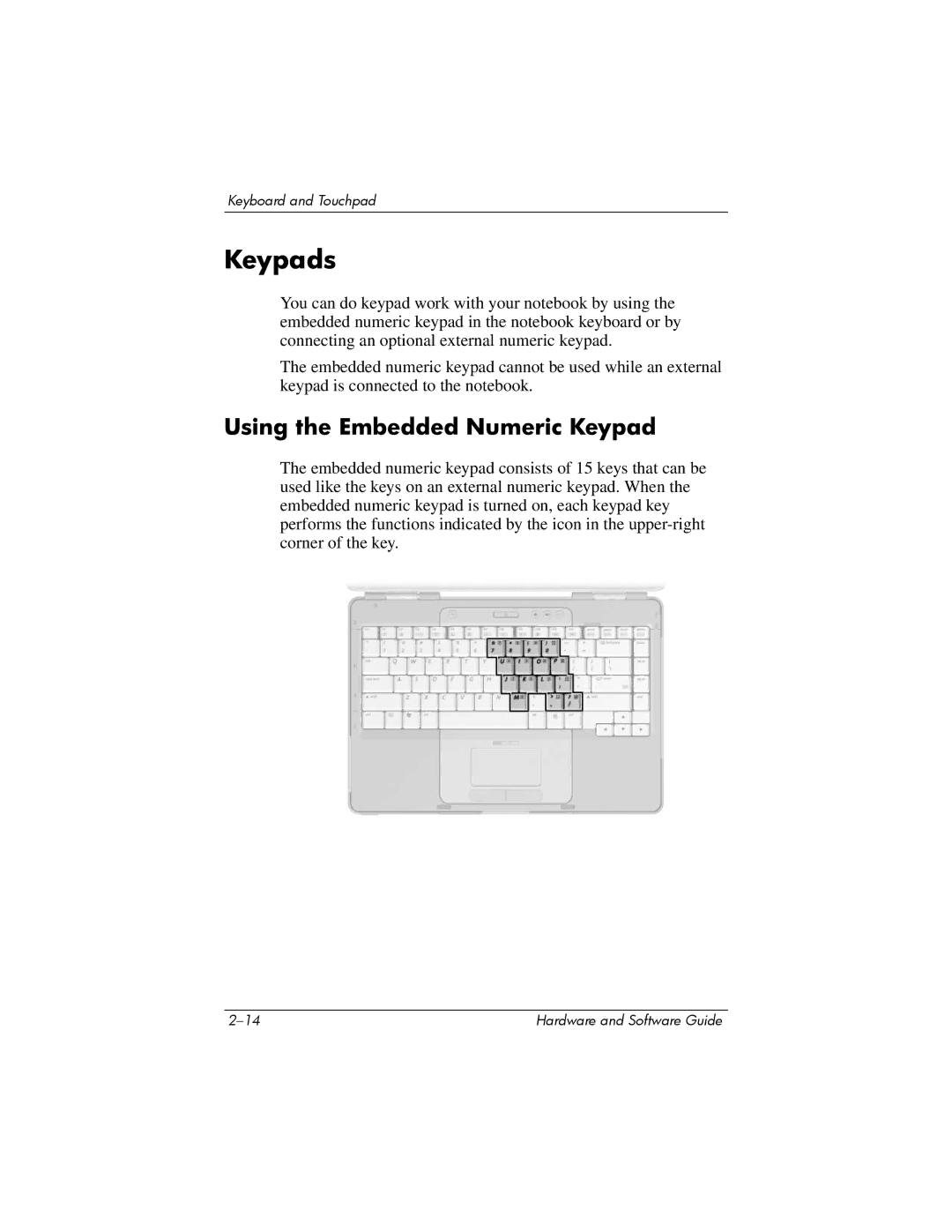 HP V2128AP, V2110US, V2107AP, V2105AP, V2100, V2042AP, V2045AP, V2043AP, V2046AP, V2300 Keypads, Using the Embedded Numeric Keypad 