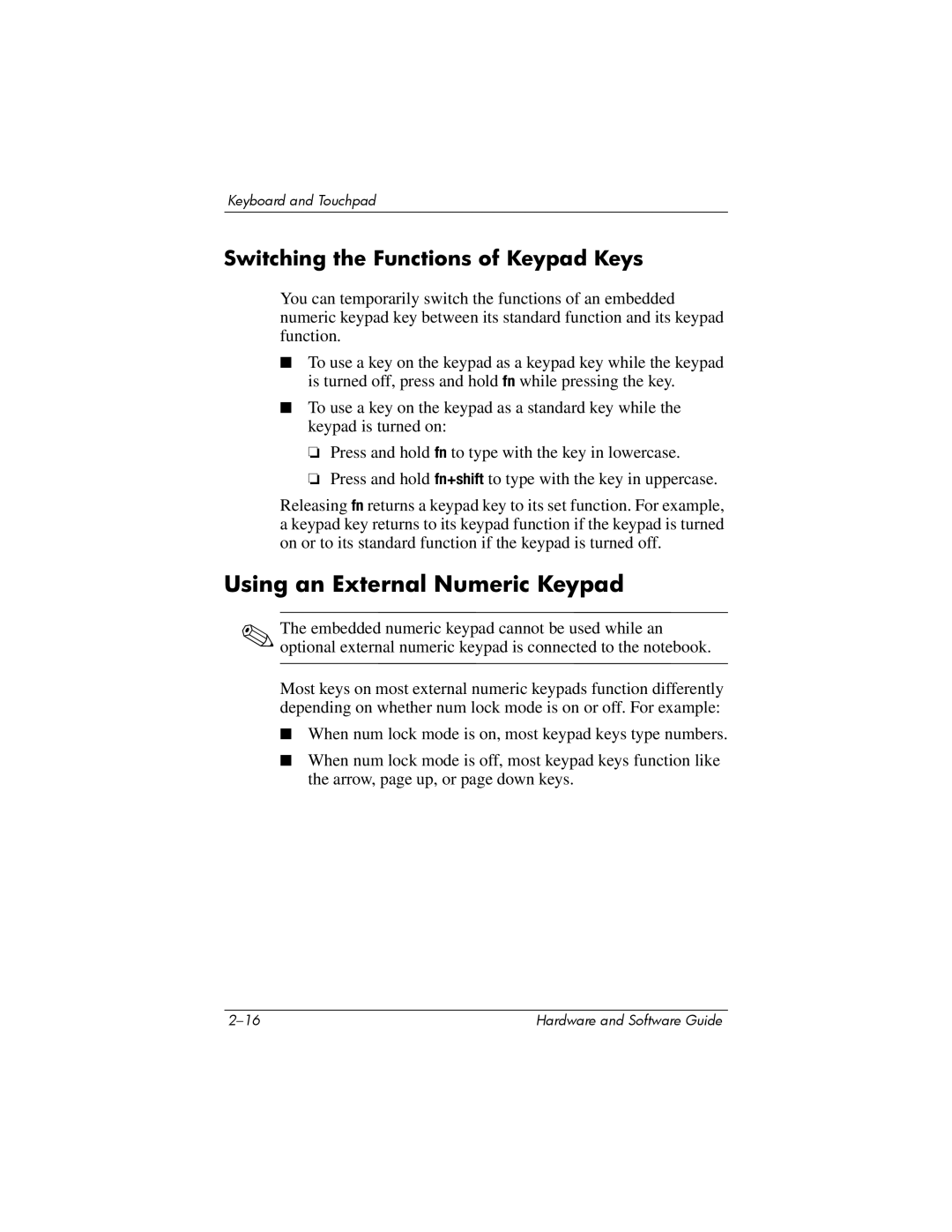 HP V2305AP, V2110US, V2107AP, V2105AP, V2100, V2042AP Using an External Numeric Keypad, Switching the Functions of Keypad Keys 