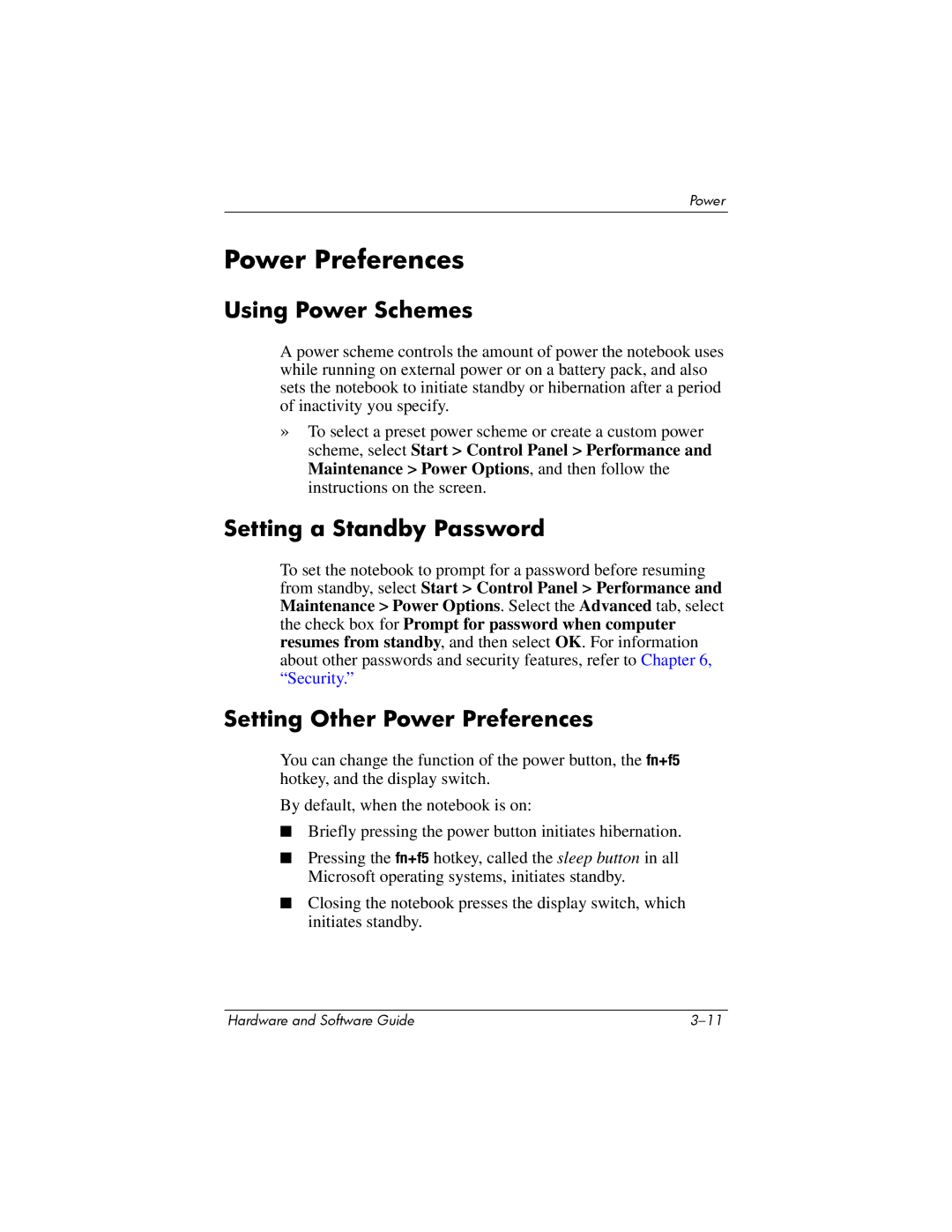 HP V2306US, V2110US, V2107AP, V2105AP Using Power Schemes, Setting a Standby Password, Setting Other Power Preferences 