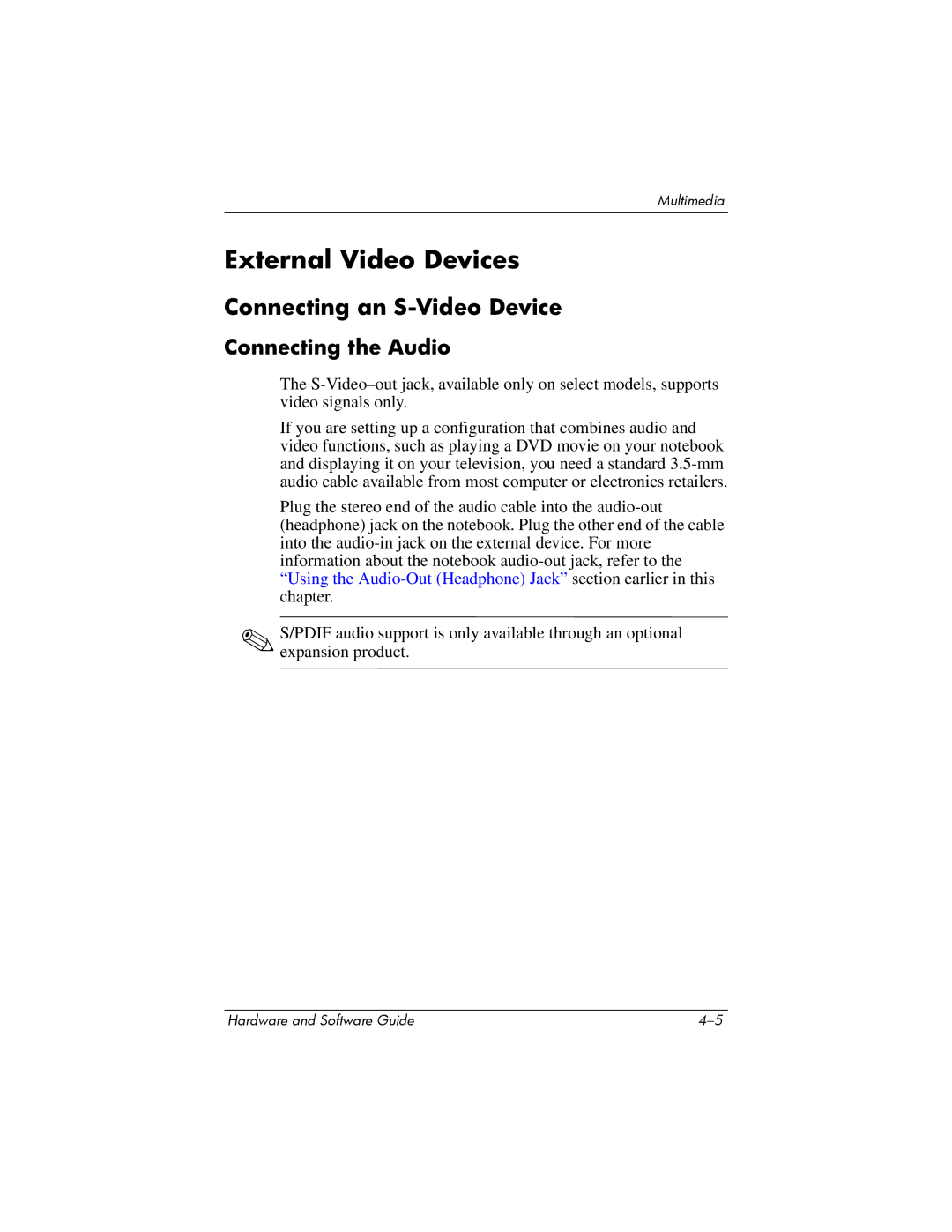 HP V2342AP, V2110US, V2107AP, V2105AP, V2100, V2300 External Video Devices, Connecting an S-Video Device, Connecting the Audio 