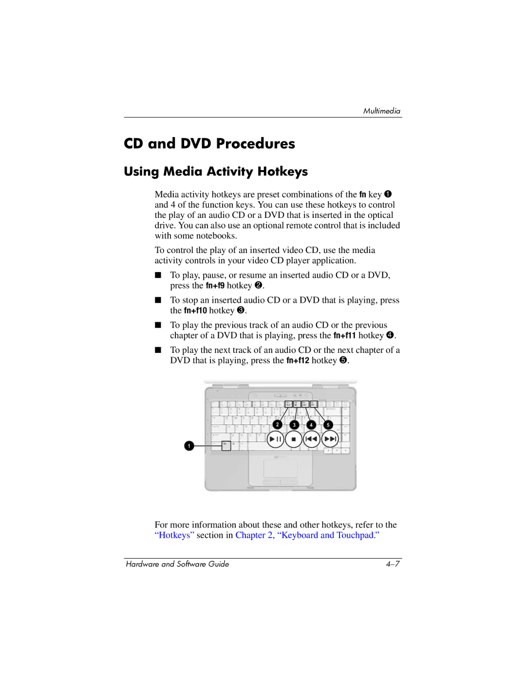 HP V2335US, V2110US, V2107AP, V2105AP, V2100, V2042AP, V2045AP, V2043AP manual CD and DVD Procedures, Using Media Activity Hotkeys 