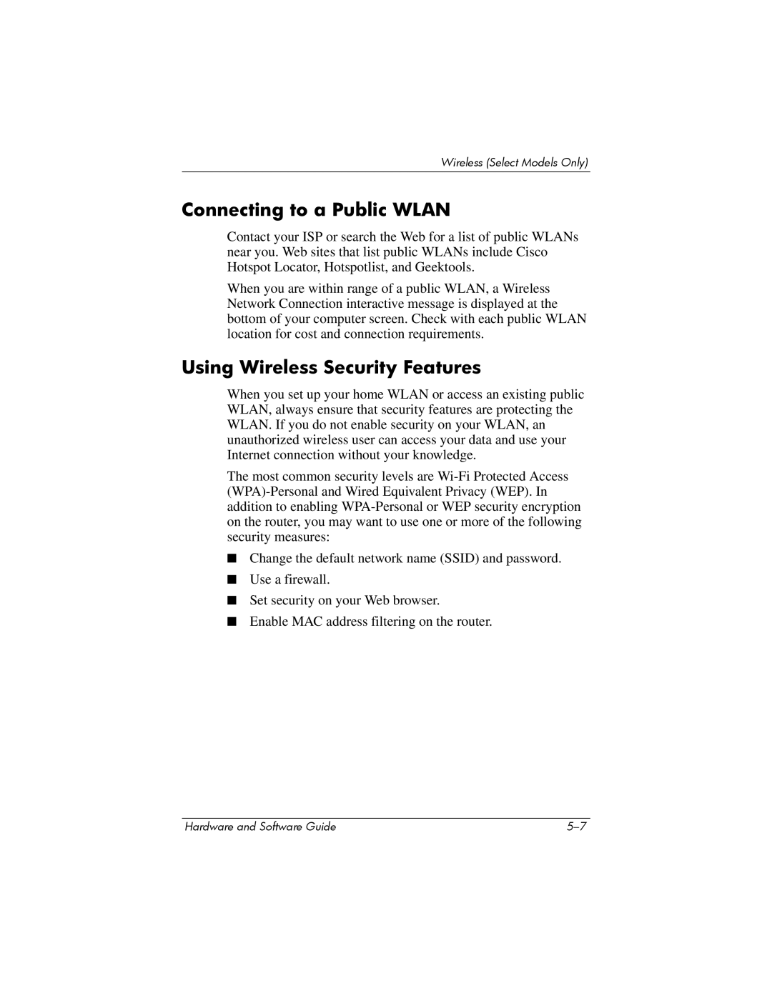 HP V2397TU, V2110US, V2107AP, V2105AP, V2100, V2042AP, V2045AP Connecting to a Public Wlan, Using Wireless Security Features 