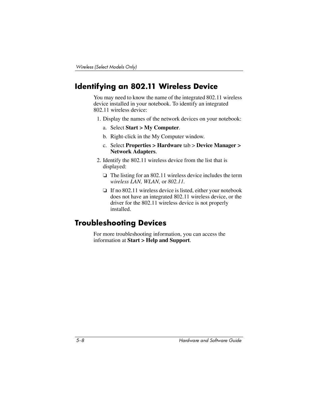 HP V2394TU, V2110US, V2107AP, V2105AP, V2100, V2042AP, V2045AP Identifying an 802.11 Wireless Device, Troubleshooting Devices 