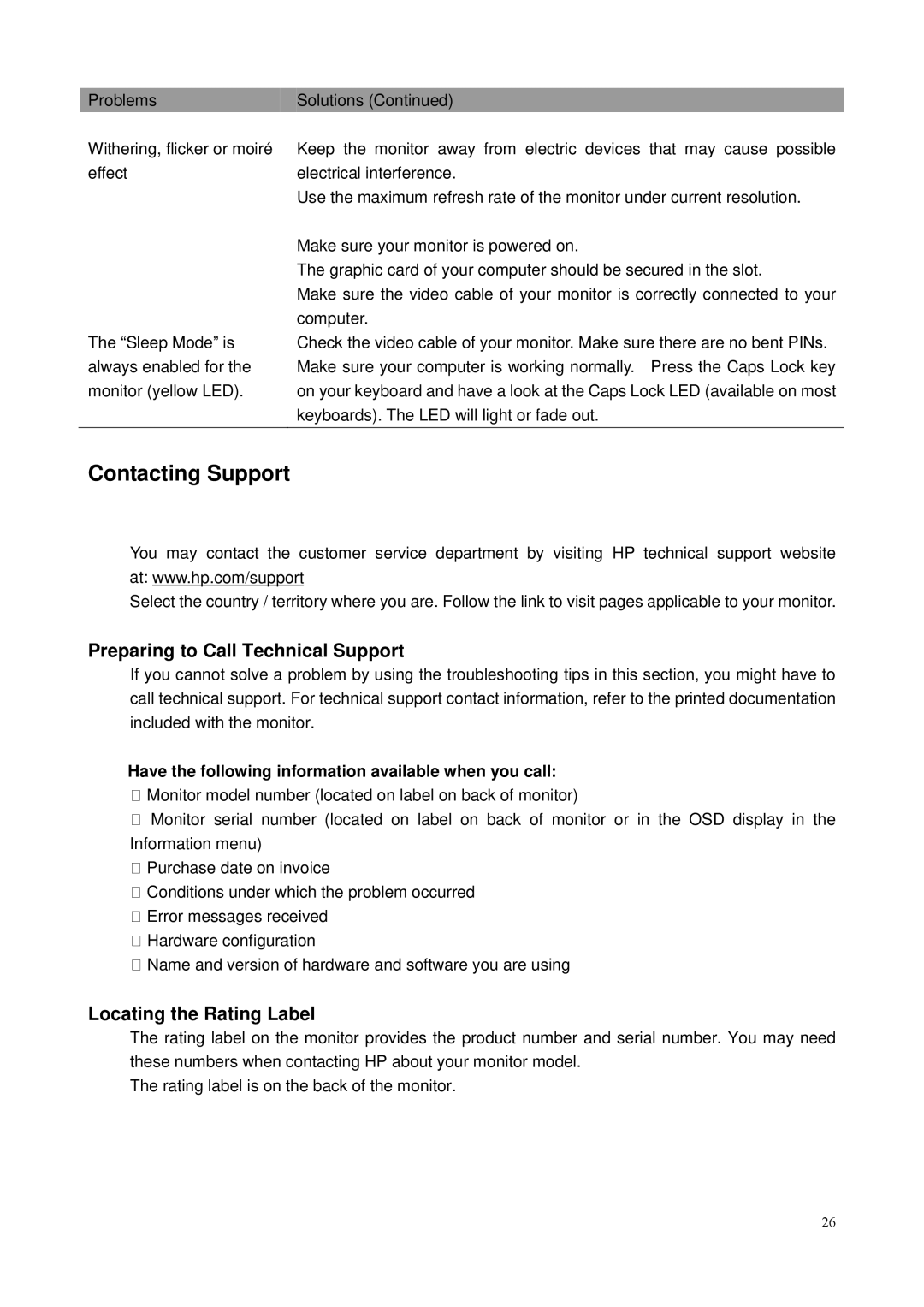 HP V241 23.6-inch manual Contacting Support, Preparing to Call Technical Support, Locating the Rating Label 