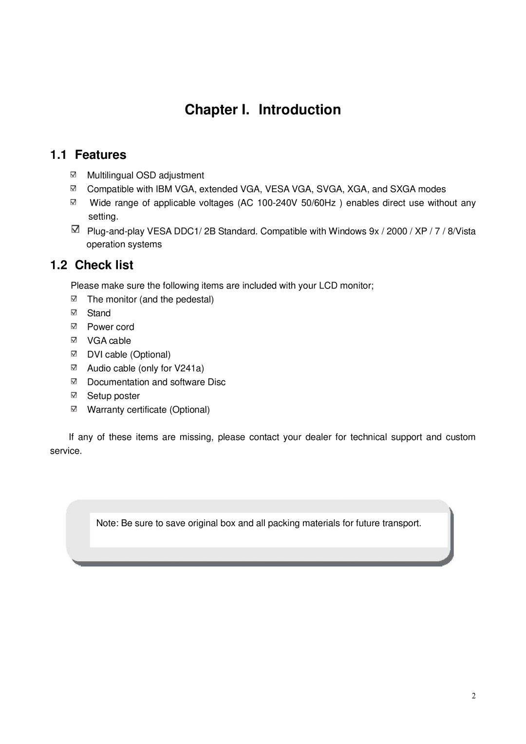 HP V241 23.6-inch manual Chapter I. Introduction, Features, Check list 