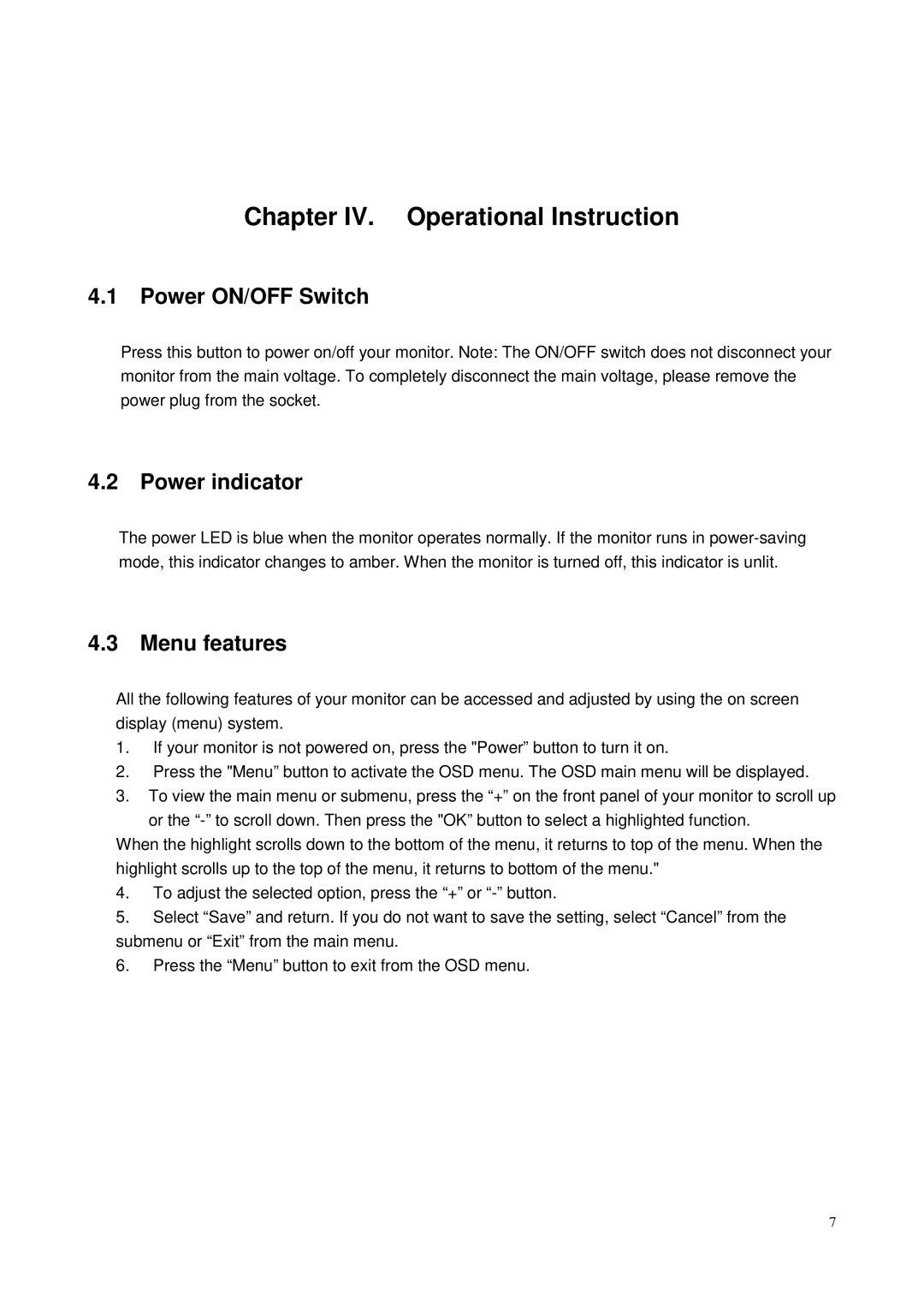 HP V241 23.6-inch manual Chapter IV. Operational Instruction, Power ON/OFF Switch, Power indicator, Menu features 