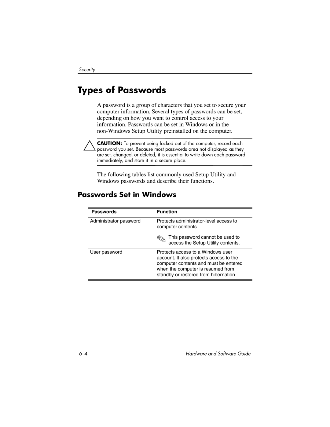 HP V2601TN, V2630TN, V2628TN, V2629TN, V2620TN, V2619TN, V2698XX, V2655US, V2614TN Types of Passwords, Passwords Set in Windows 