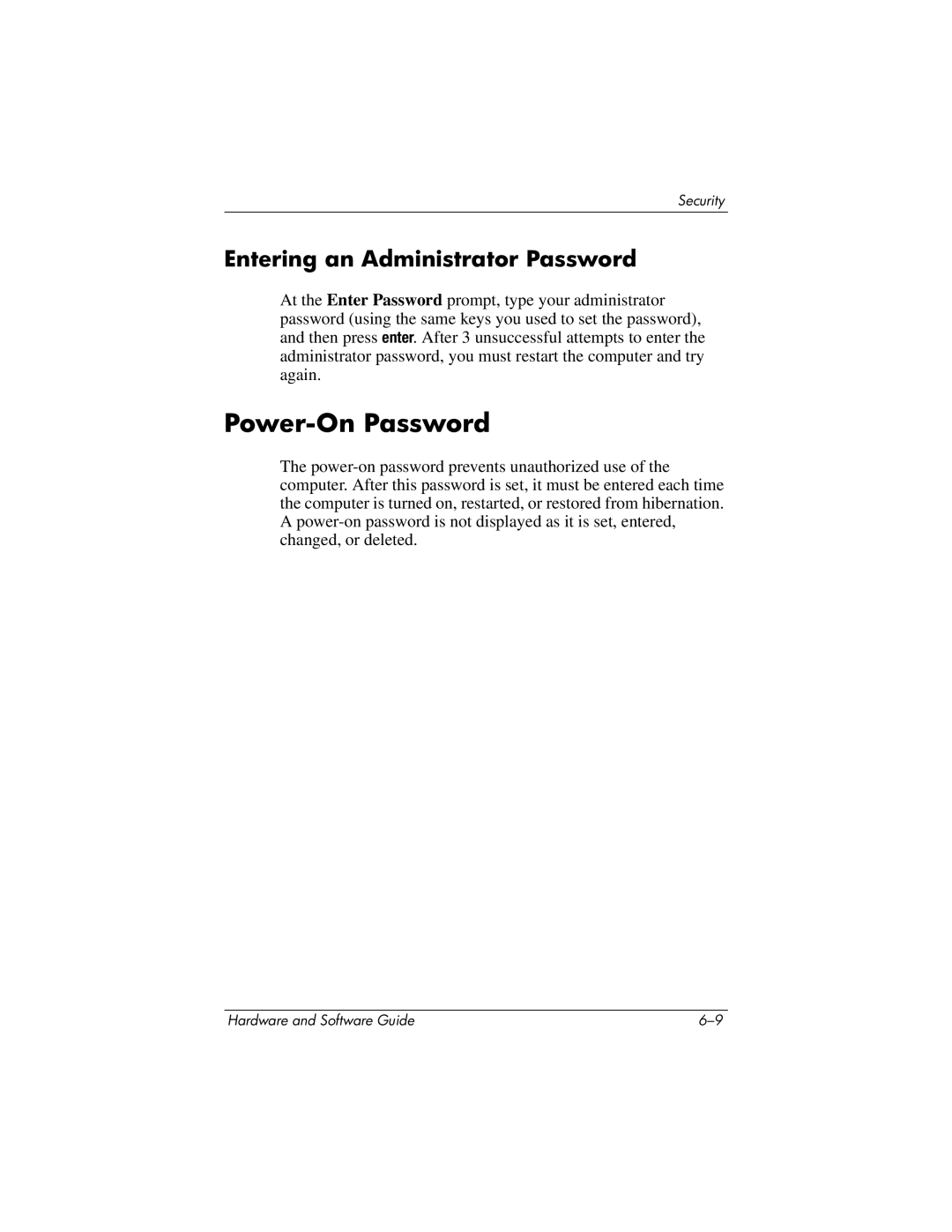 HP V2620TN, V2630TN, V2628TN, V2629TN, V2619TN, V2698XX, V2655US, V2614TN Power-On Password, Entering an Administrator Password 