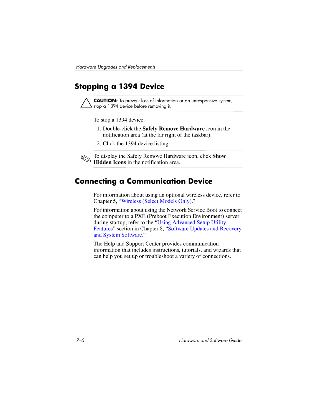 HP V2630TN, V2628TN, V2629TN, V2620TN, V2619TN, V2698XX, V2655US manual Stopping a 1394 Device, Connecting a Communication Device 