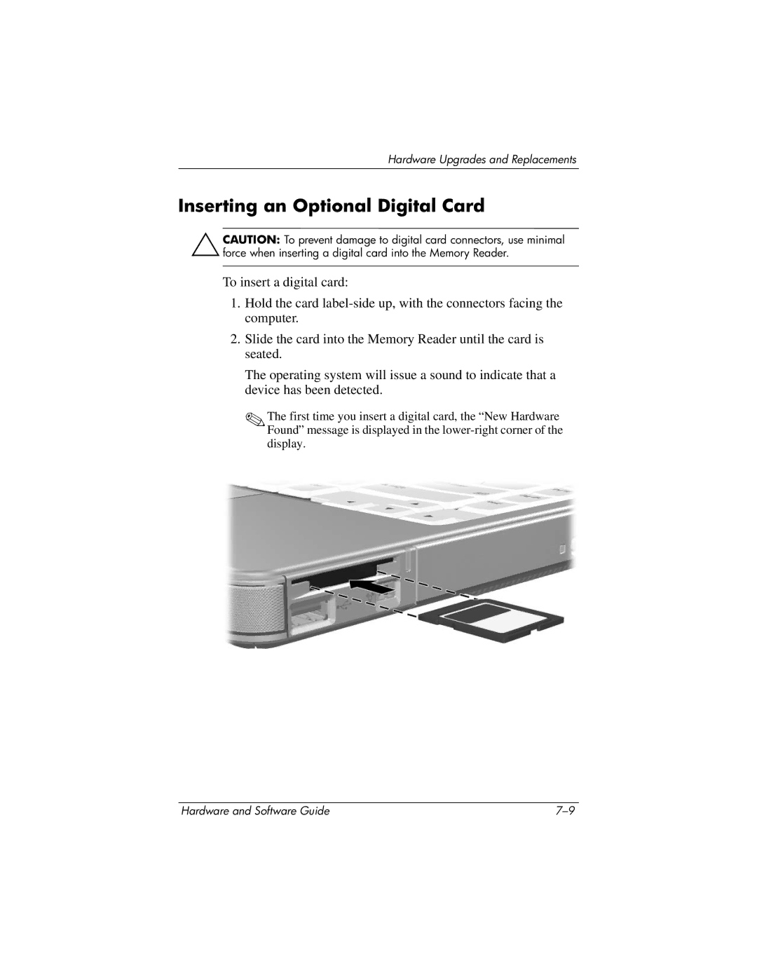 HP V2620TN, V2630TN, V2628TN, V2629TN, V2619TN, V2698XX, V2655US, V2614TN, V2611TN, V2000T manual Inserting an Optional Digital Card 