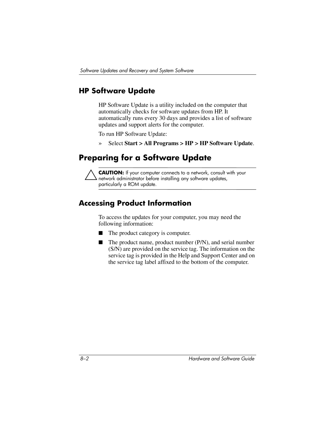 HP V2612TN, V2630TN, V2628TN, V2629TN Preparing for a Software Update, HP Software Update, Accessing Product Information 