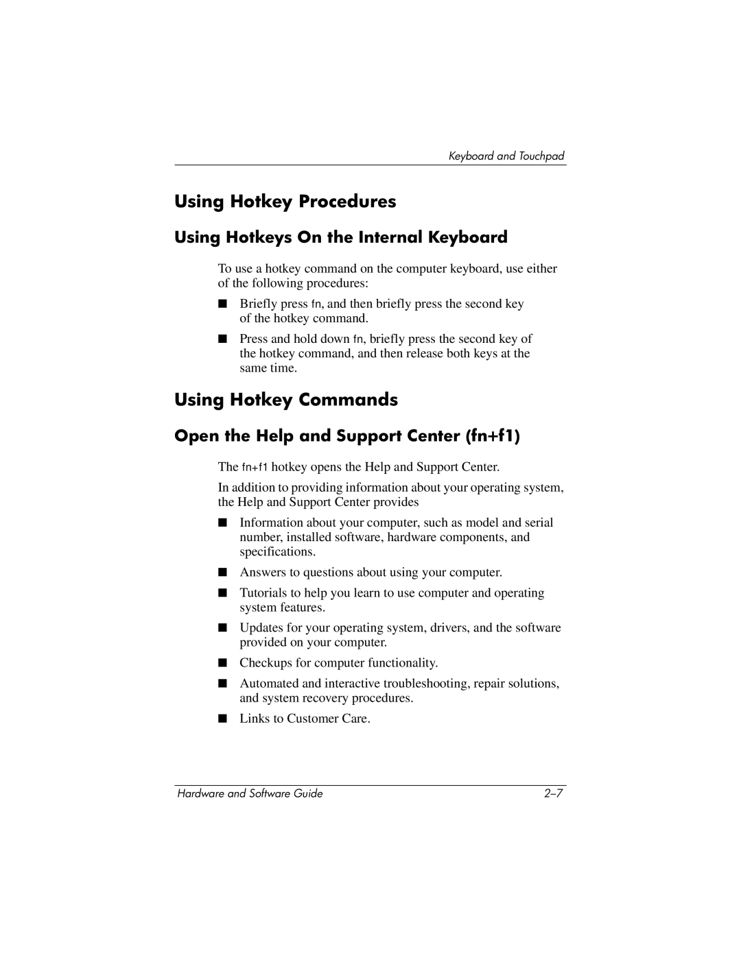 HP V2611TN, V2630TN, V2628TN, V2629TN Using Hotkey Procedures, Using Hotkey Commands, Using Hotkeys On the Internal Keyboard 