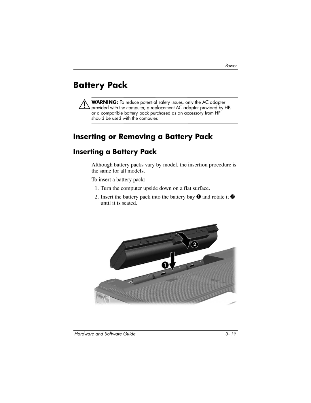 HP V2000T, V2630TN, V2628TN, V2629TN, V2620TN, V2619TN manual Inserting or Removing a Battery Pack, Inserting a Battery Pack 