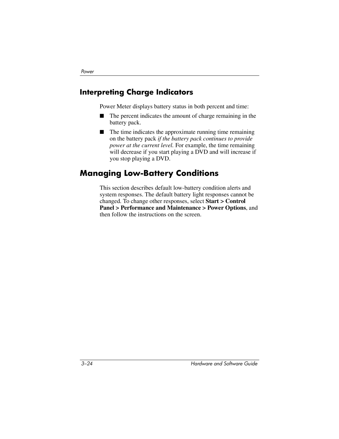 HP V2630TN, V2628TN, V2629TN, V2620TN, V2619TN, V2698XX, V2000T Managing Low-Battery Conditions, Interpreting Charge Indicators 