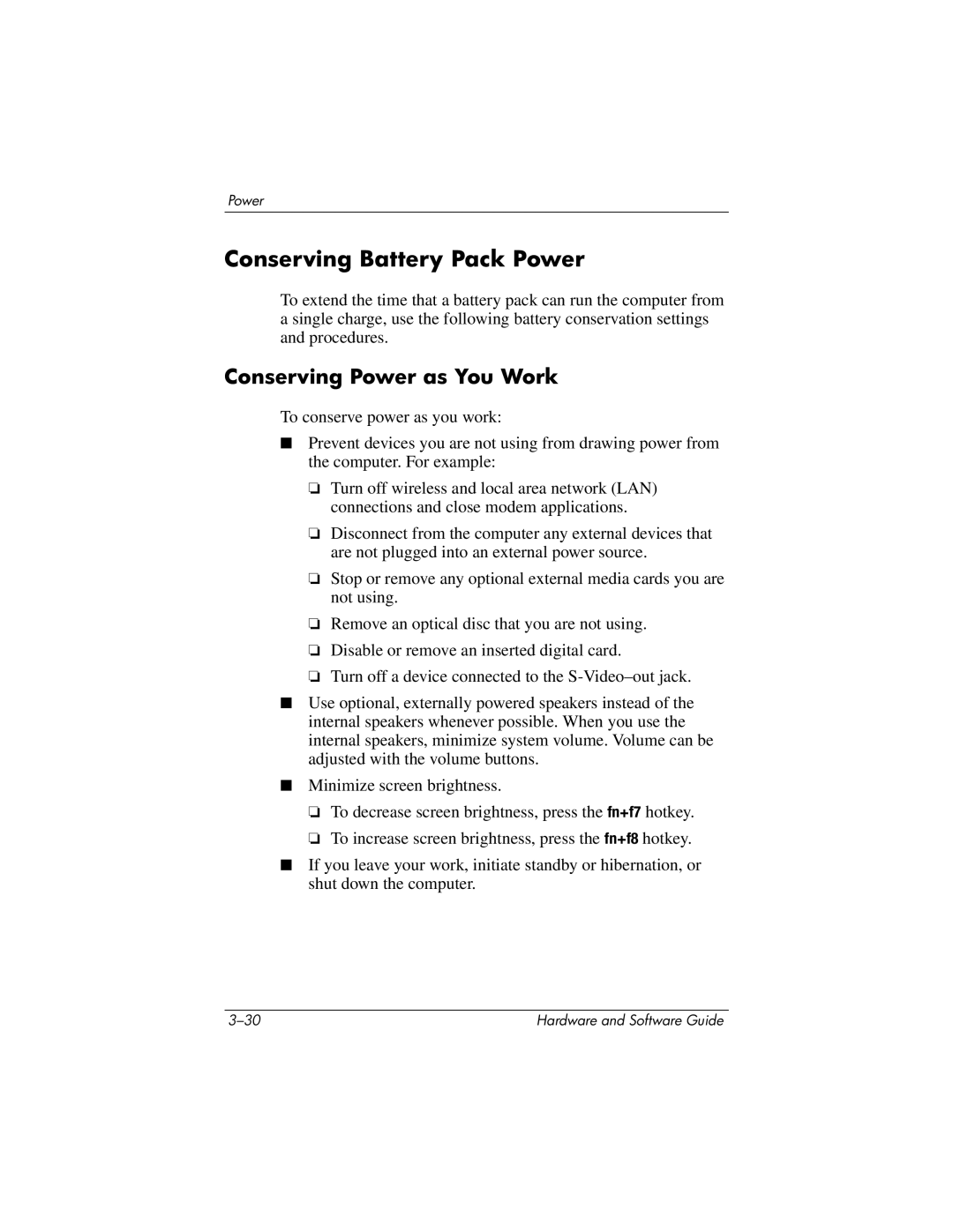 HP V2655US, V2630TN, V2628TN, V2629TN, V2620TN, V2619TN, V2698XX Conserving Battery Pack Power, Conserving Power as You Work 