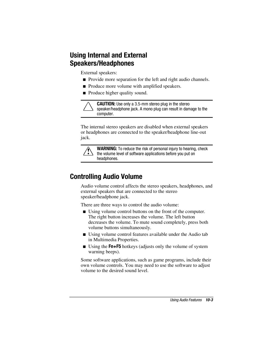 HP V300 manual Using Internal and External Speakers/Headphones, Controlling Audio Volume 