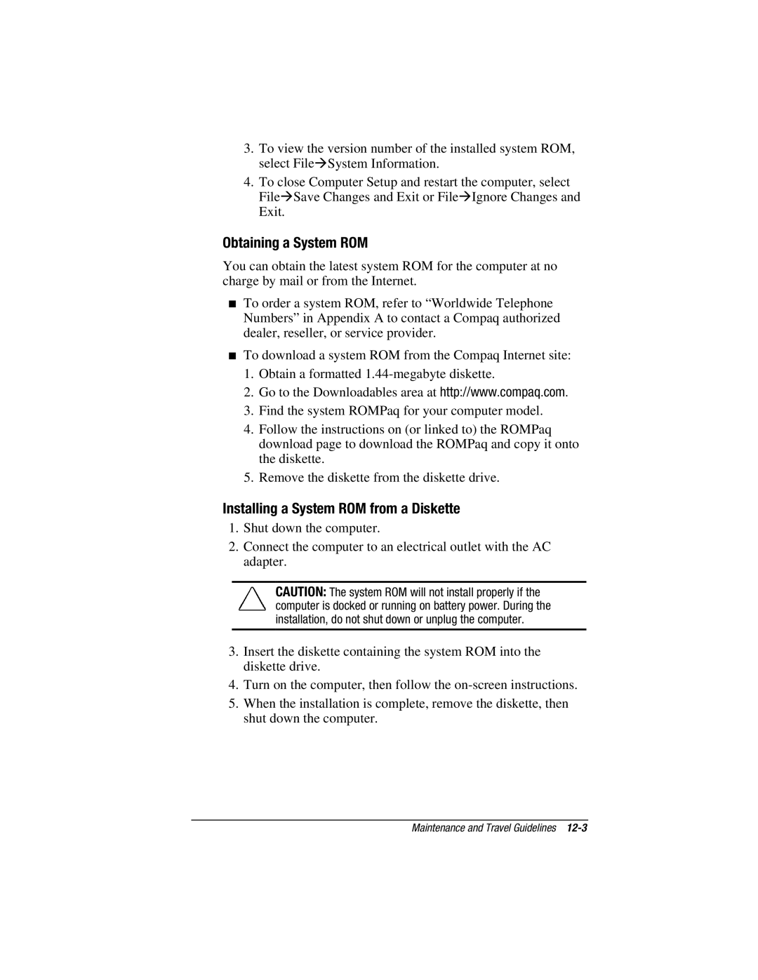 HP V300 manual Obtaining a System ROM, Installing a System ROM from a Diskette 