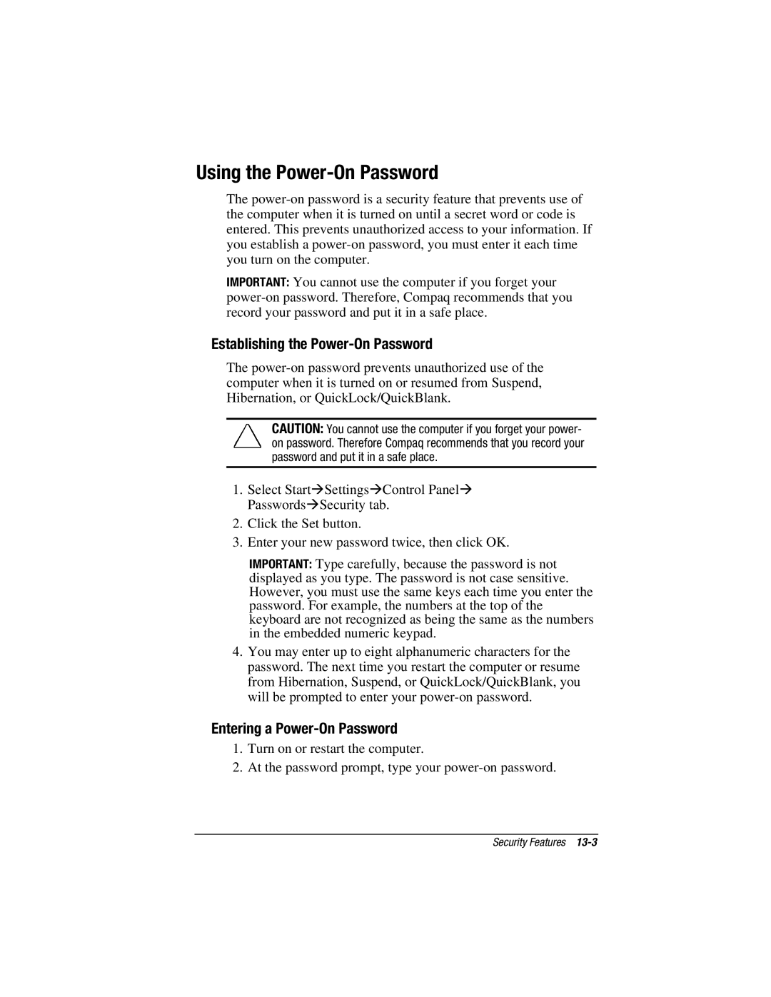 HP V300 manual Using the Power-On Password, Establishing the Power-On Password, Entering a Power-On Password 