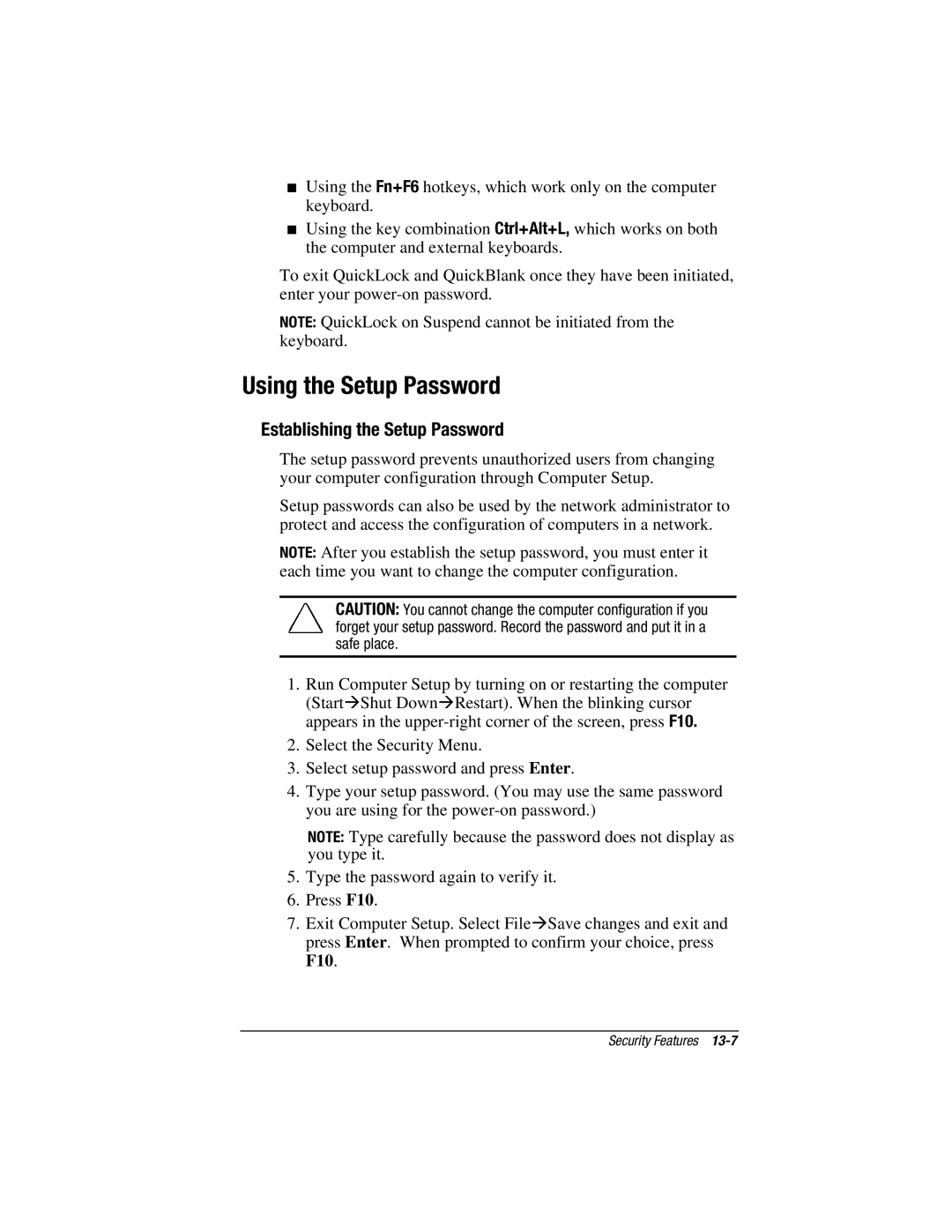 HP V300 manual Using the Setup Password, Establishing the Setup Password 